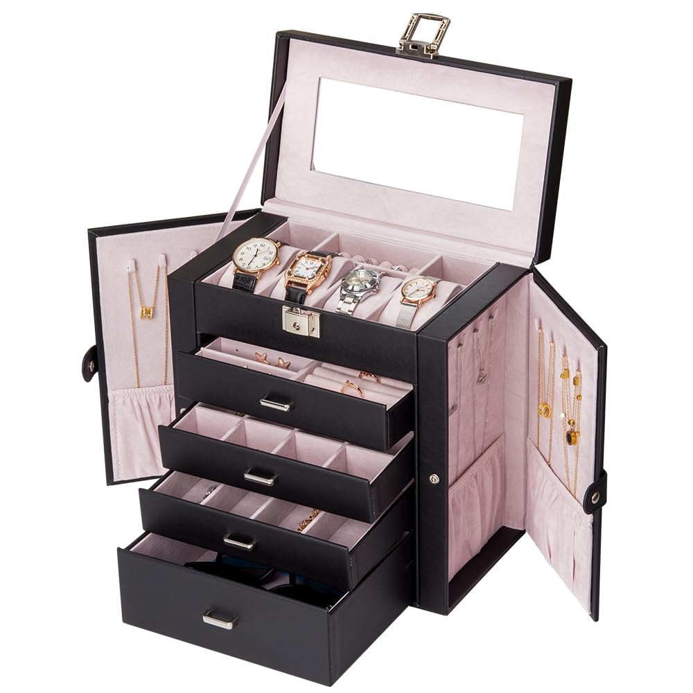 FEIYAN 5-Layer Leather Jewelry Organizer Box - Large Capacity Jewelry Storage with Adjustable Compartments, Elegant Gift for Women | Perfect for Necklace, Ring & Earring Organization at Home or Travel