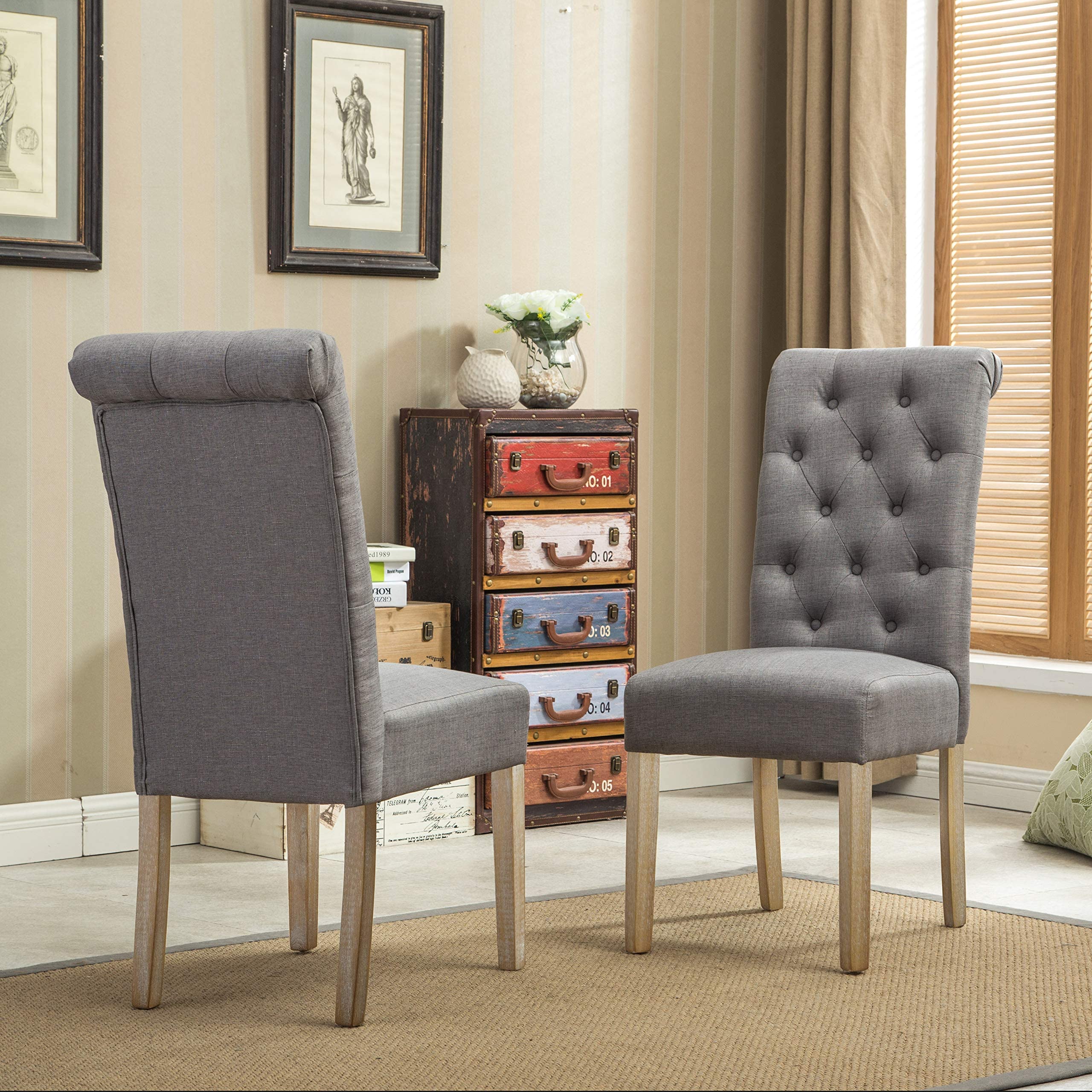 Roundhill Furniture Solid Wood Tufted Parsons Dining Chairs Set of 2 - Gray Upholstered Modern Kitchen Chairs for Dining Room, Breakfast Nook & Home Office