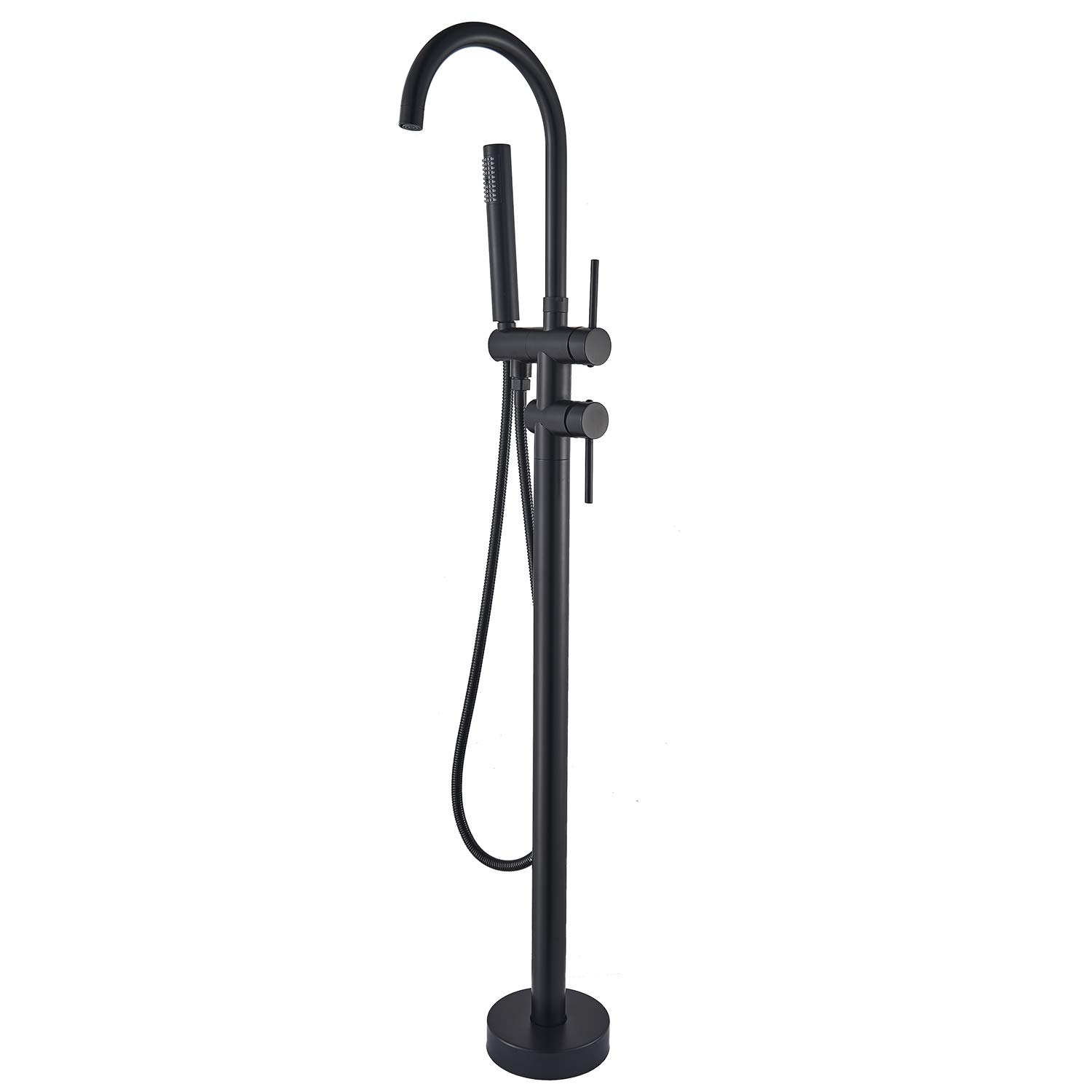 NeierThodore Matte Black Freestanding Bathtub Faucet - Floor Mount Tub Filler with 2 Handles & Hand Shower Sprayer - Modern Bathtub Shower Mixer Tap for Luxury Bathroom & Spa Experience
