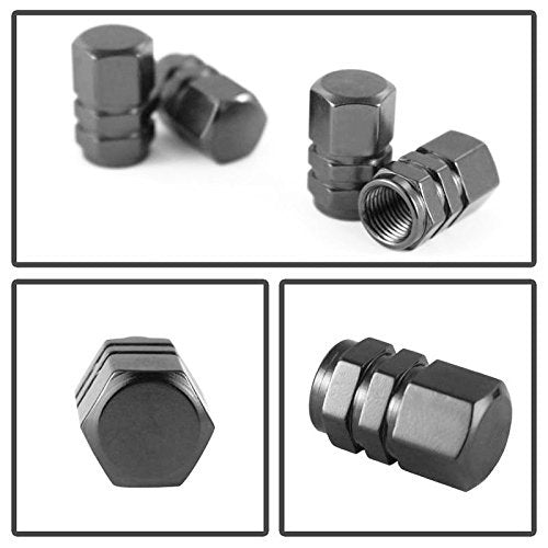 4 Pack Racing Style Gun Metal Anodized Aluminum Tire Valve Caps - Hexagon Shaped Air Stem Caps for Cars, Motorcycles & Bikes - Durable & Stylish Wheel Accessories for Auto Enthusiasts