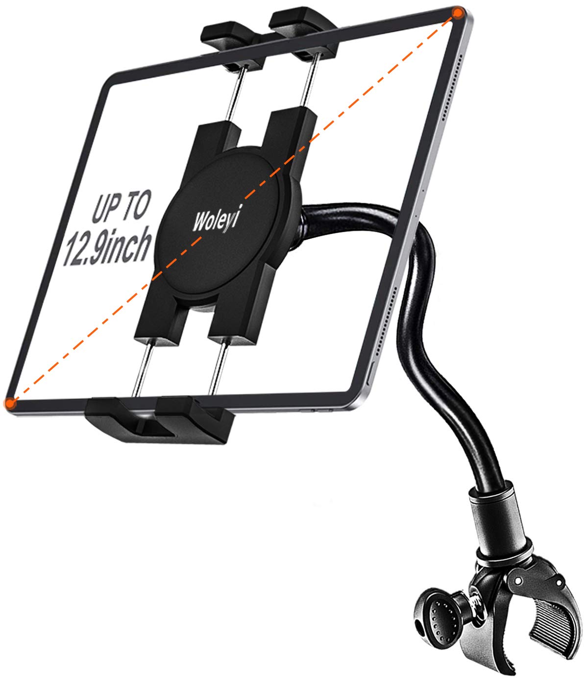 Woley Gooseneck Tablet Holder for Spin Bike - Adjustable Phone & iPad Mount for Exercise, Treadmill, Stroller - Fits 4-13