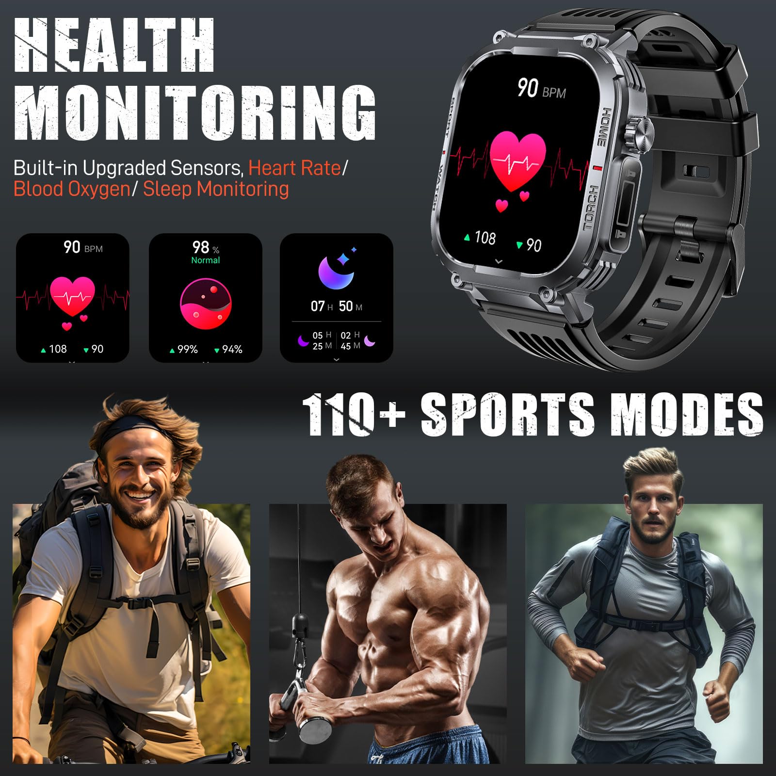 Military Tactical Smart Watch for Men - 3ATM Waterproof, 2.02