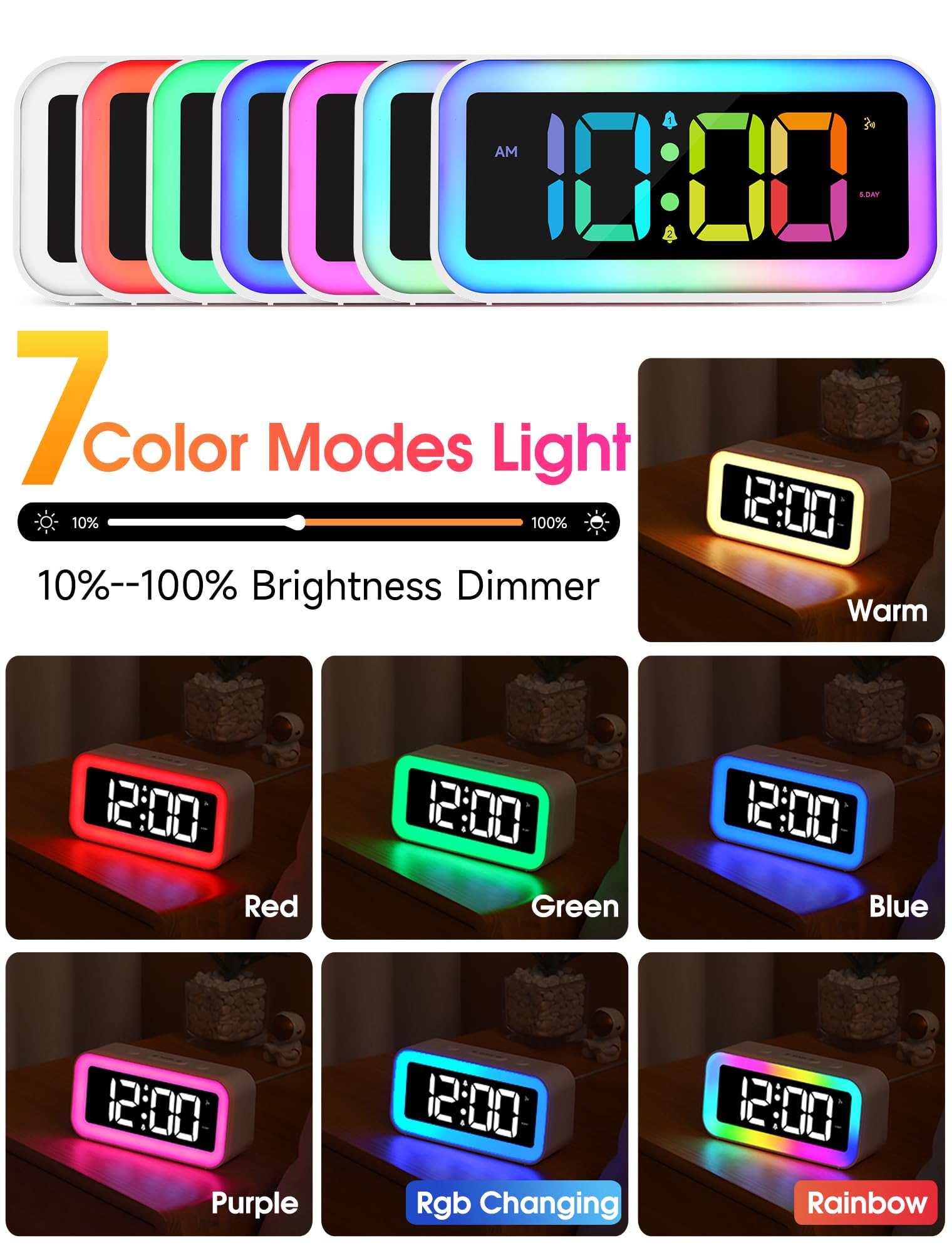 **Cadmos Loud Alarm Clock with Dynamic RGB Night Light - Dual Alarm, USB Charger & Dimmer - Digital LED Display for Heavy Sleepers, Adults, Kids, Teens & Seniors - Perfect for Bedrooms, Dorms & Nightstands (White)**