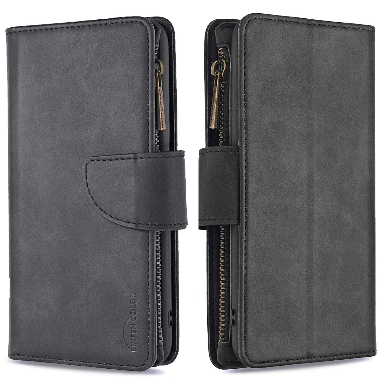 Samsung Galaxy A81 Magnetic PU Leather Case - Detachable Zipper Flip Cover with Card Slots, Wallet & Photo Holder - Eco-Friendly Black Phone Case for Daily Use & Travel Protection