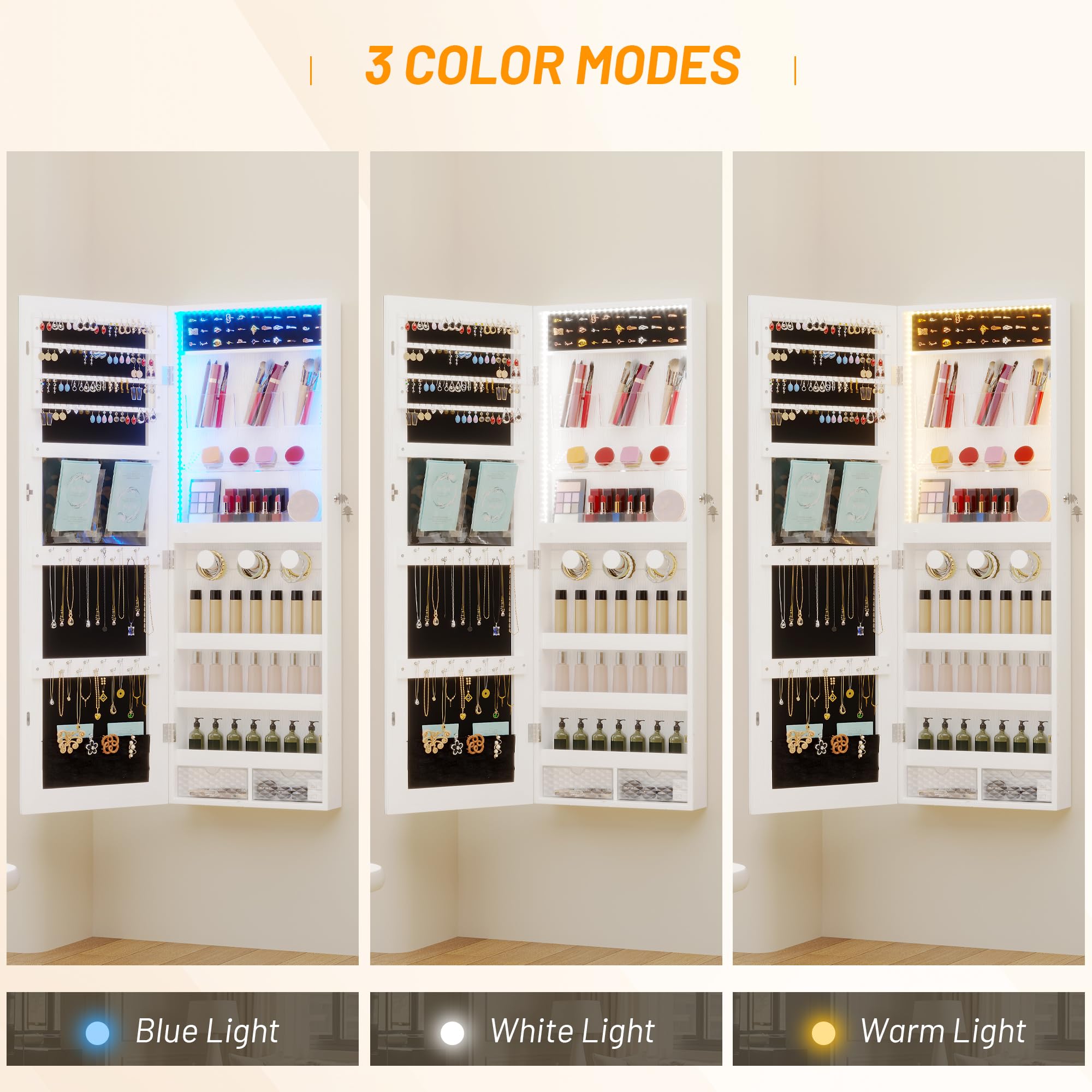 LVSOMT White Lockable Jewelry Armoire Organizer with LED Lights - Wall/Door Mounted Mirror Jewelry Cabinet with Storage | Perfect for Bedroom, Closet & Dressing Room Organization