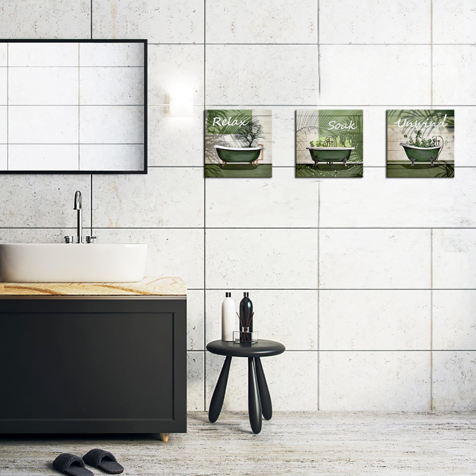 Botanical Leaf Wall Art - Green Bathroom Decor for Relaxing Soak - 12x12inch Canvas Print Set of 3