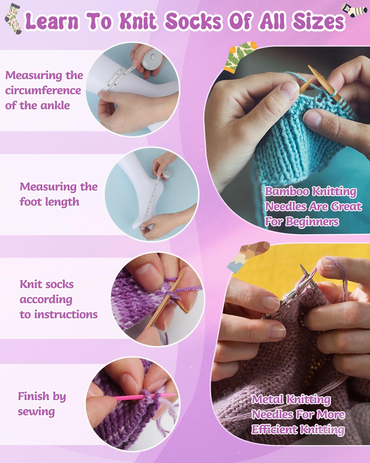 Coopay Complete Knitting Kit for Beginners - Easy Sock Knitting Starter Set with Needles, Yarn & Step-by-Step Instructions - Learn to Knit Various Sizes Socks for Adults & Teens (Gray & Purple) - Perfect for DIY Crafts, Relaxation & Handmade Gifts
