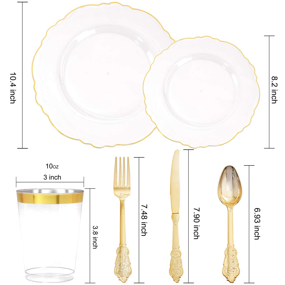 Premium 30-Piece Clear & Gold Plastic Dinnerware Set - Includes 30 Dinner Plates, Salad Plates, Forks, Knives, Spoons & Cups - Elegant Disposable Tableware for Weddings, Parties, Catering & Special Events