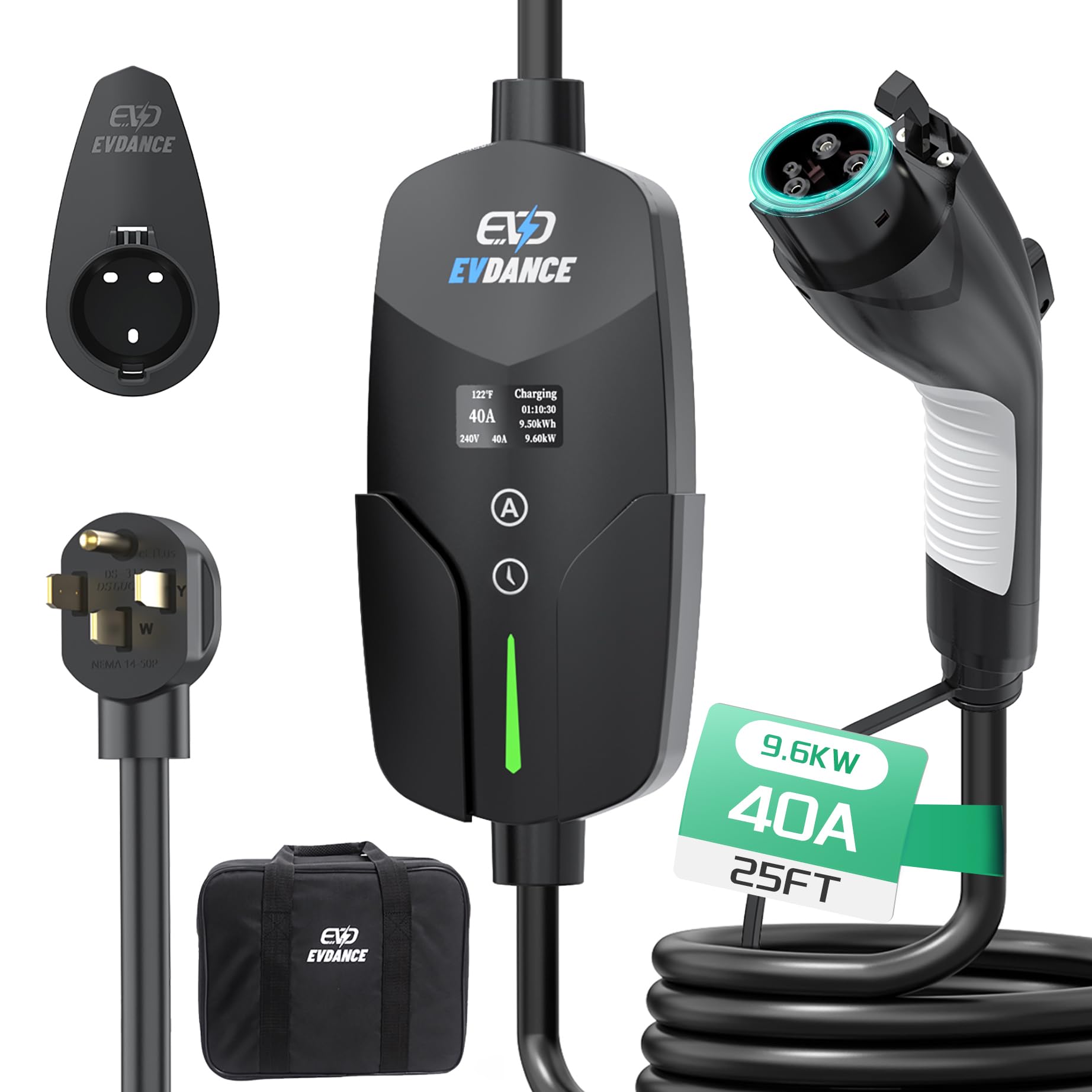 40Amp 240V Level 2 EV Charger with 25ft Cable - NEMA 14-50P Portable Electric Vehicle Charging Station for Home & Outdoor Use | Fast Charging for Tesla, Chevy, Nissan & More