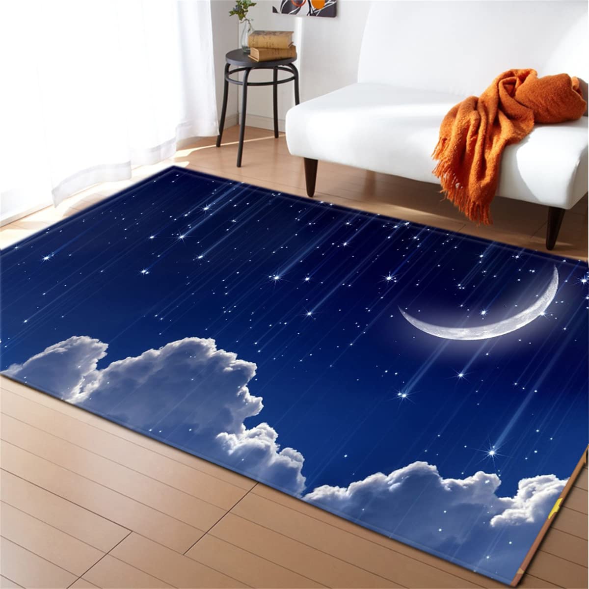 Blue Galaxy Moon Rug 5x7ft - 3D White Clouds & Stars Sky Rug for Living Room, Bedroom, Dining Room - Soft & Modern Home Decor for Kids Room, Office, Hallway - Perfect for Cozy Nights & Stargazing
