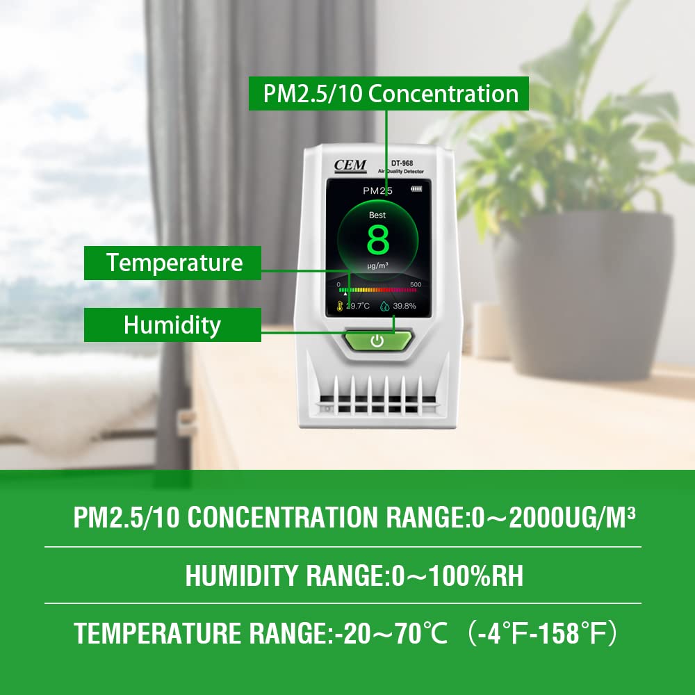 **CEM Air Quality Monitor - Accurate PM2.5 PM10 Detector with Humidity & Temperature Sensor | Real-Time Data & Mean Value Recording | Ideal for Indoor Air Quality Testing, Home, Office & School**