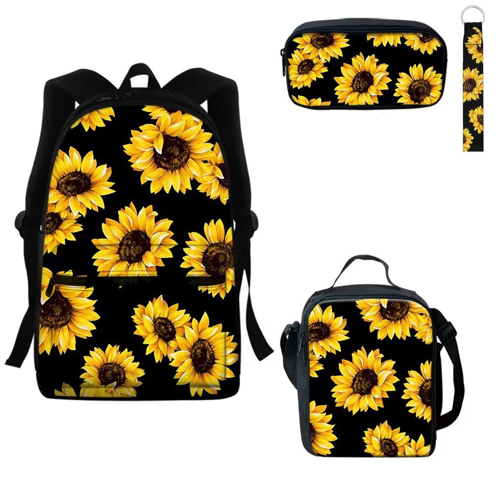 GIFTPUUV Black Sunflower Print Backpack Set for Kids & Teens - Durable Lightweight School Backpack with Lunch Box & Pencil Case - Perfect for School, Travel & Daily Use