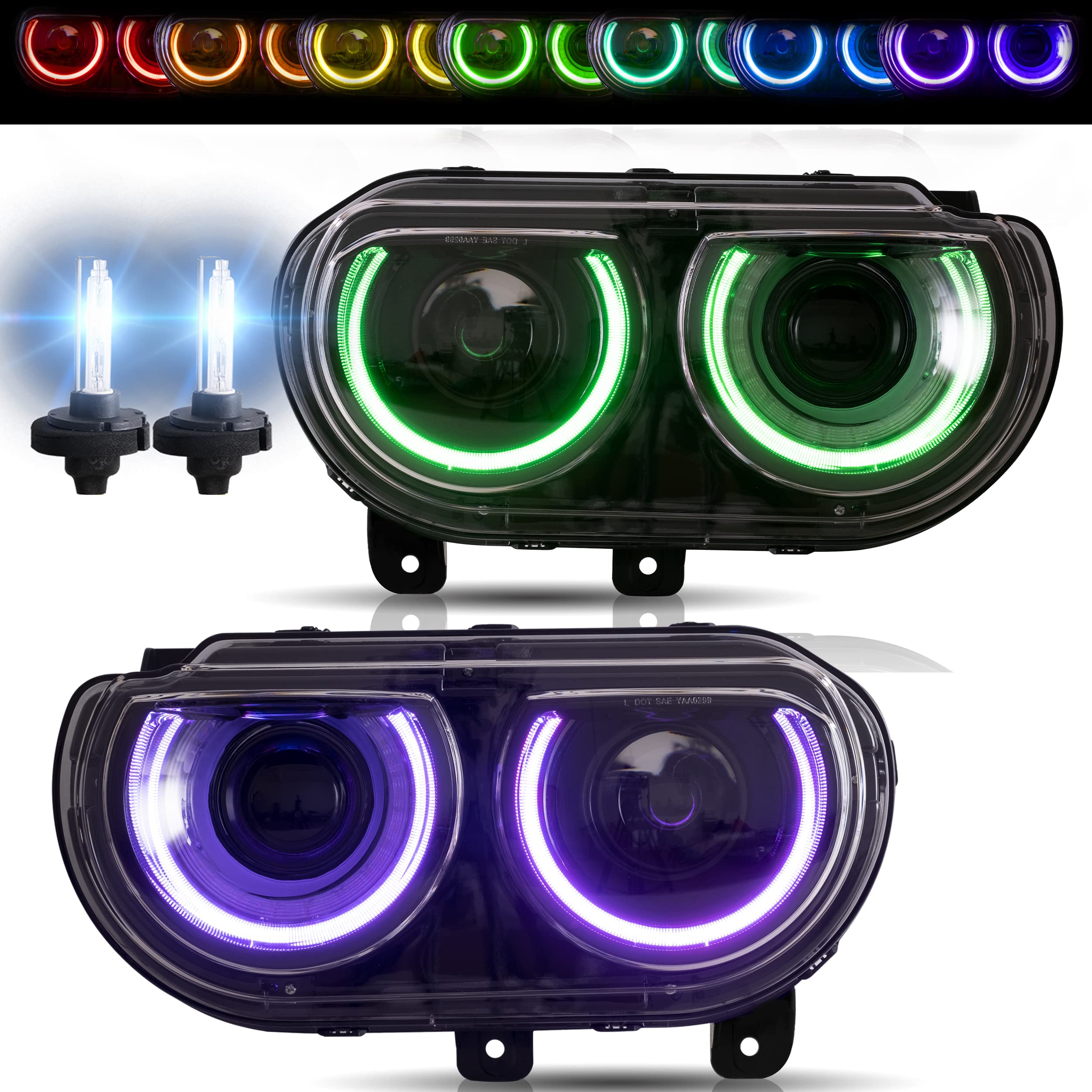 VLAND RGB Halo Headlights for Dodge Challenger 2008-2014 - D2H Bulbs, Sequential Turn Signals - Perfect for Night Driving & Car Shows