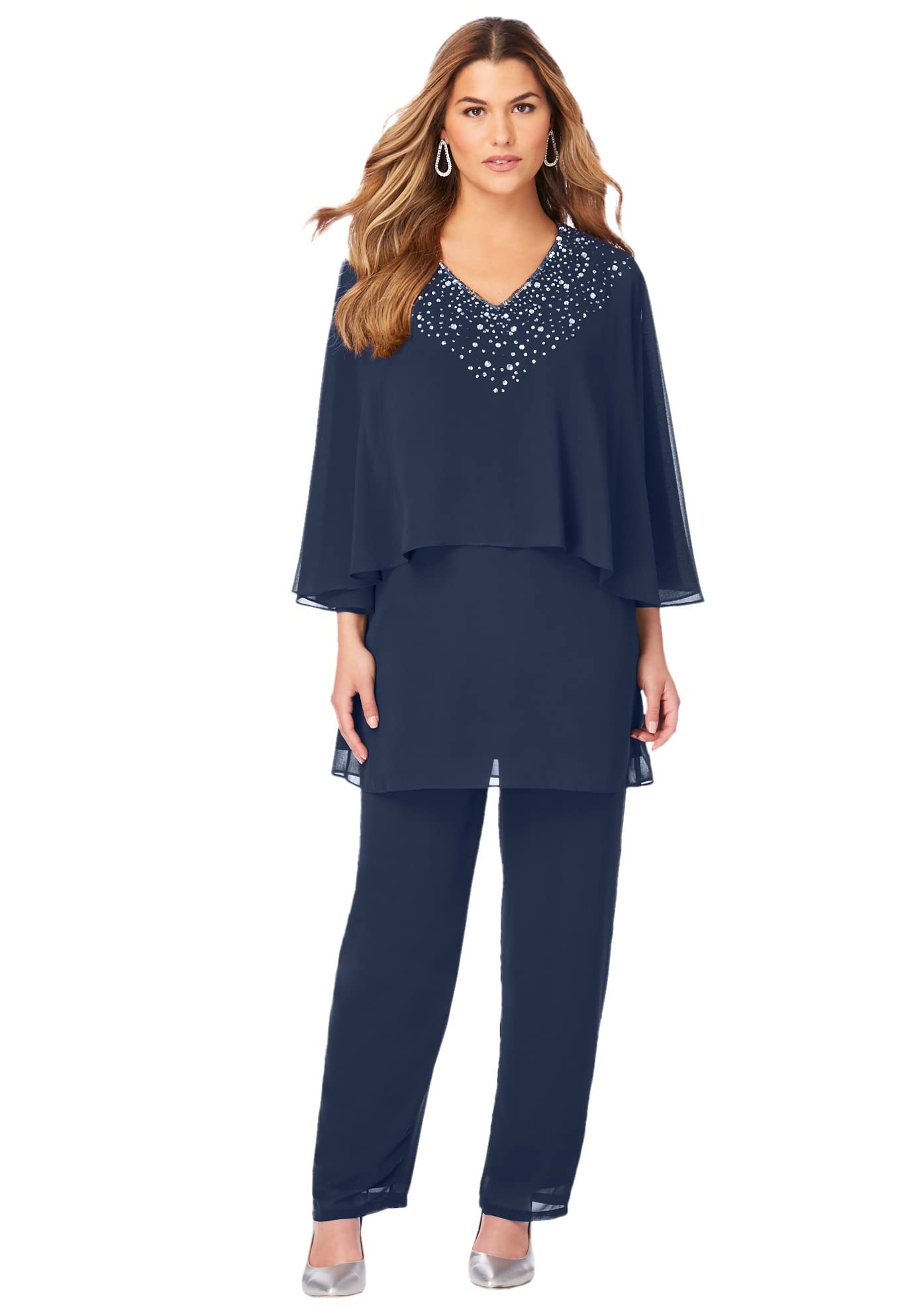 Roaman's Women's Plus Size Embellished Capelet Pant Set - Stylish 2-Piece Outfit for Casual Wear, Parties & Special Occasions