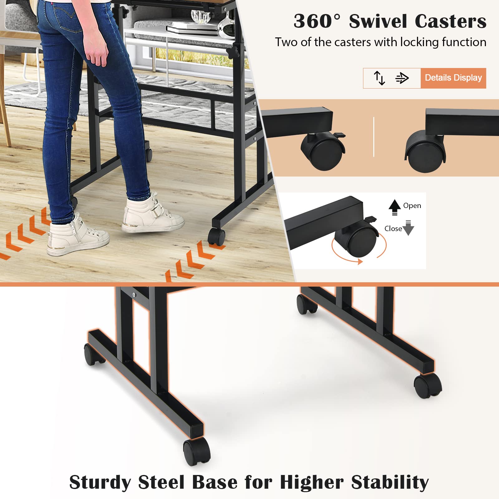 Tangkula Adjustable Height Mobile Standing Desk - Sit Stand Workstation with Tilting Tabletop & Wheels for Home Office, Rolling Laptop Cart (Walnut) | Perfect for Remote Work, Small Spaces & Ergonomic Workspaces