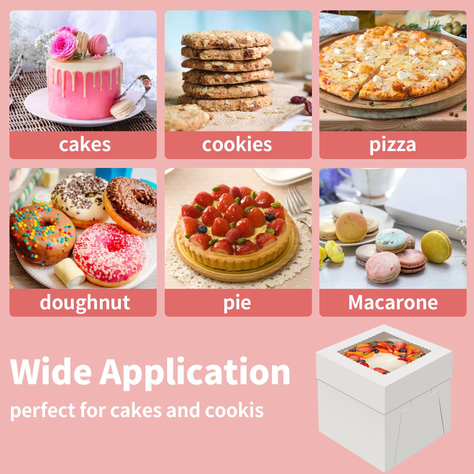 8x8x8 Inch White Cake Boxes 4-Pack - Window Bakery Boxes for Cookies, Pies & Cupcakes - Perfect for Parties & Gifting