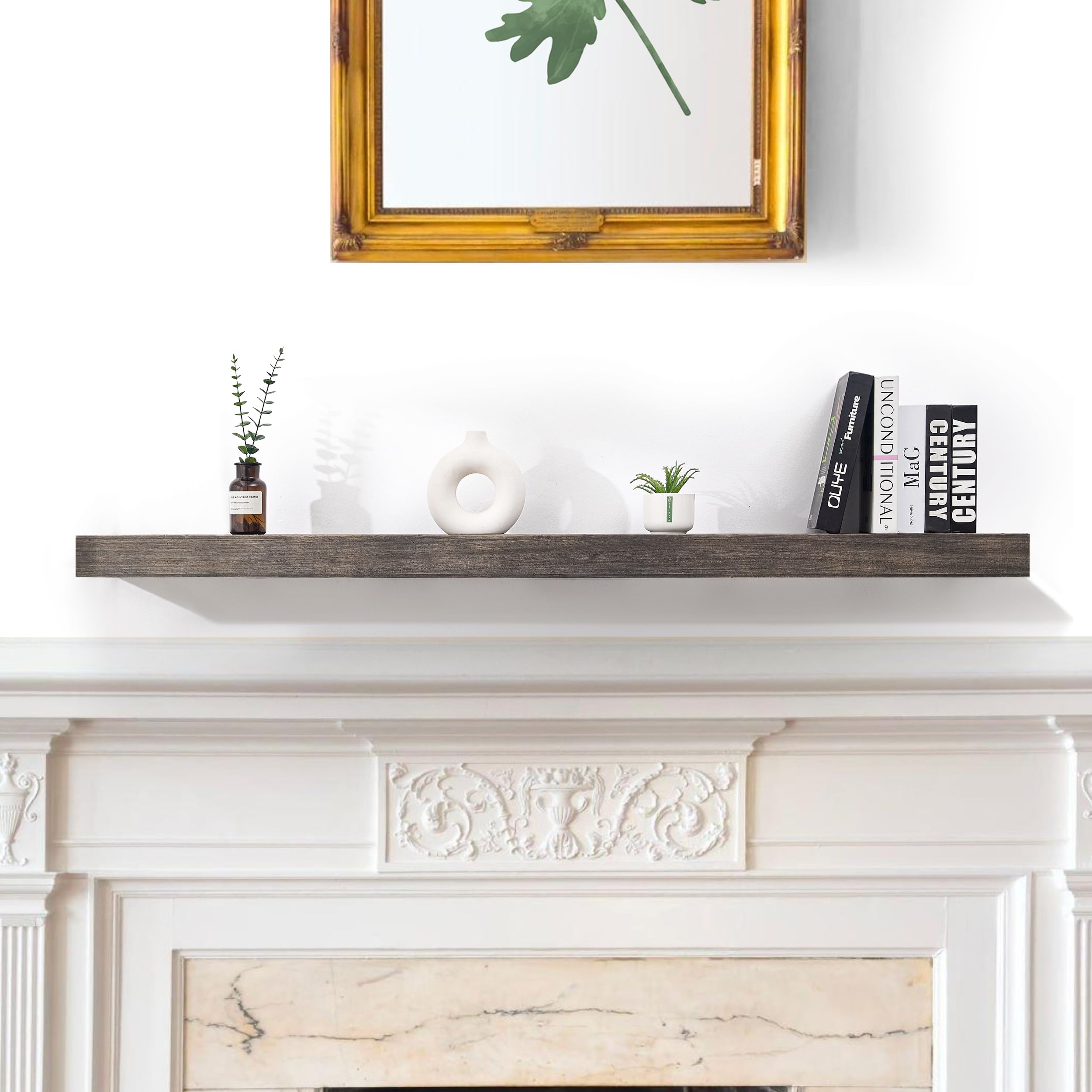 Houseables 66 Inch Floating Mantel Shelf - Rustic Grey Real Wooden Beam for Fireplace, Wall Mount - 75 lb Capacity - Perfect for Living Room, Bedroom & Farmhouse Decor