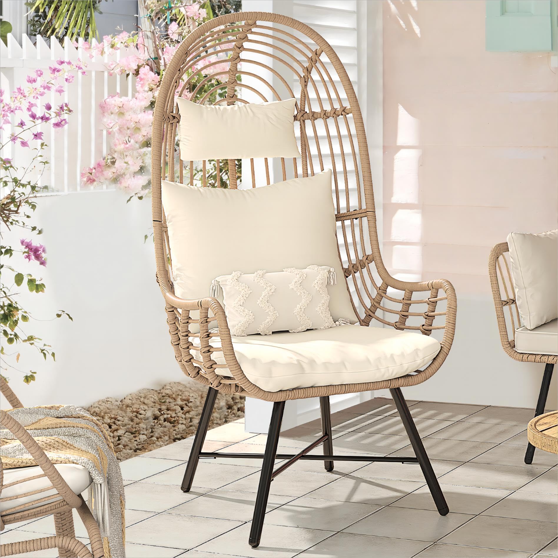 YITAHOME Outdoor Narrow Egg Chair - Patio Wicker Hanging Basket Chair with 370lbs Capacity, Indoor Egg Chair with Stand & Cushion - Cocoon Chair for Bedroom, Garden, Balcony - Perfect for Relaxing, Reading & Sunbathing (Beige)