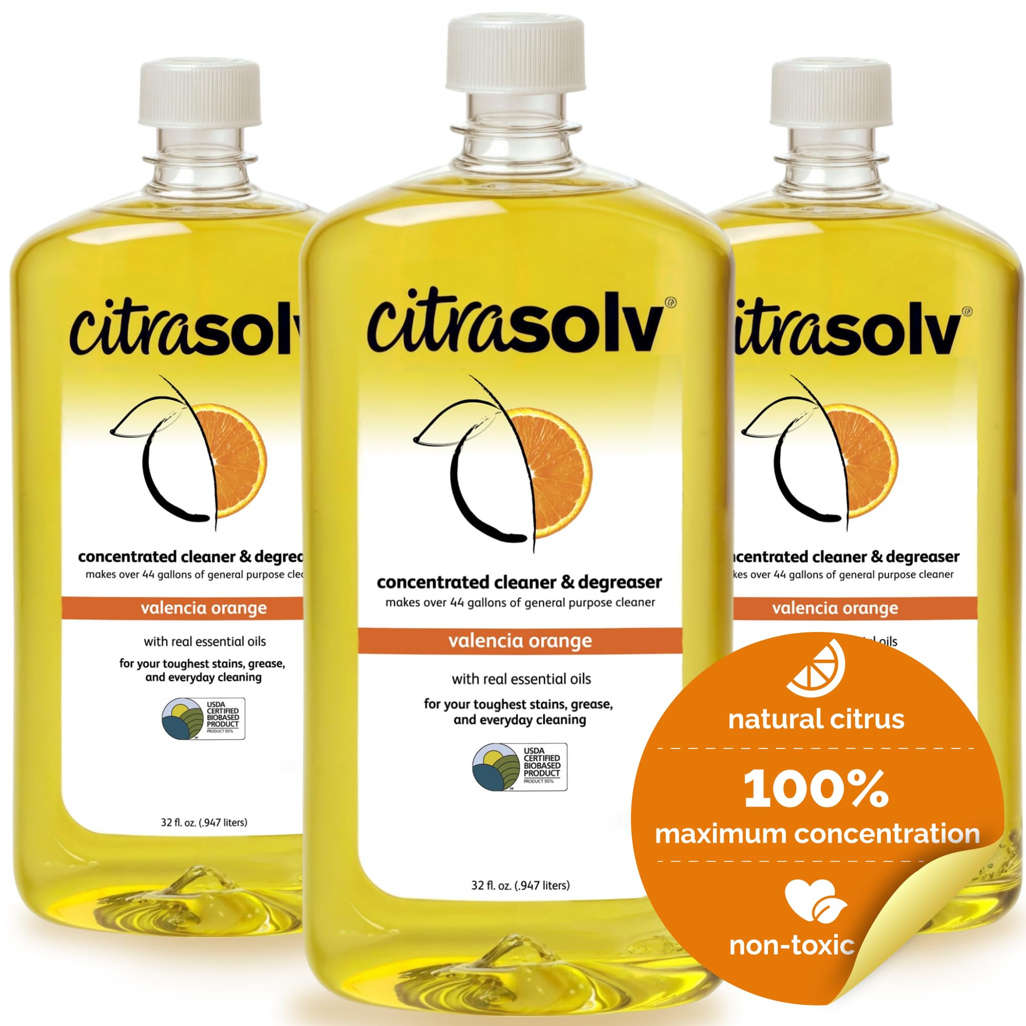 Citra Solv Concentrated Cleaner & Degreaser - Natural Orange Oil Formula for Home & Outdoor Use | 32 Fl Oz (3-Pack) | Removes Paint, Adhesives & Odors | Safe & Eco-Friendly | Perfect for Kitchens, Garages, Workshops & Outdoor Equipment