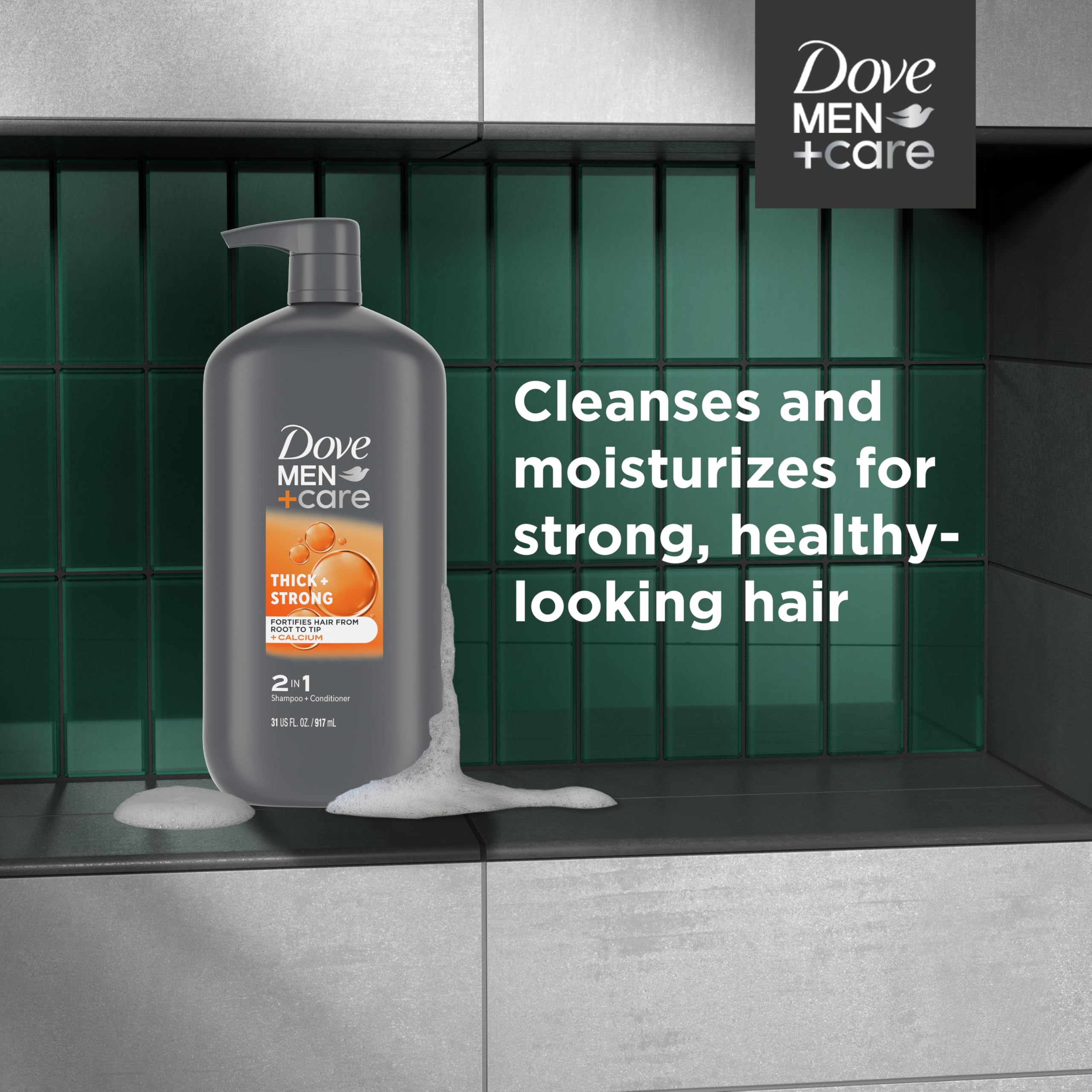 DOVE MEN + CARE 2-in-1 Shampoo and Conditioner for Thick & Strong Hair - Fortifying Formula with Calcium (31 oz) - Root to Tip Strength for Men's Hair Care - Perfect for Daily Use and Gym Recovery