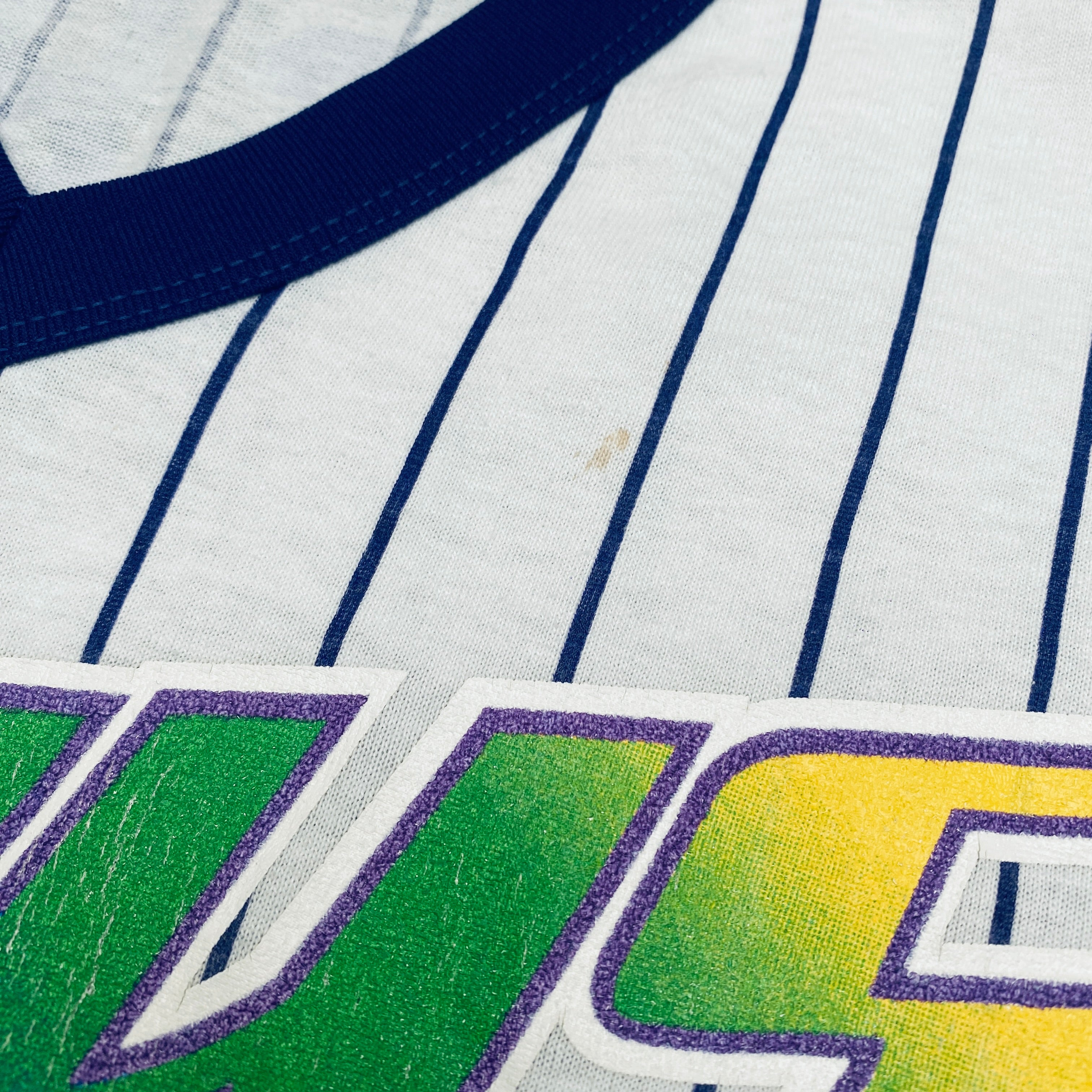 1998 Tampa Bay Devil Rays Inaugural Season Majestic Pinstripe Baseball T-Shirt (Large) - Vintage MLB Fan Apparel for Baseball Games & Retro Sports Collections