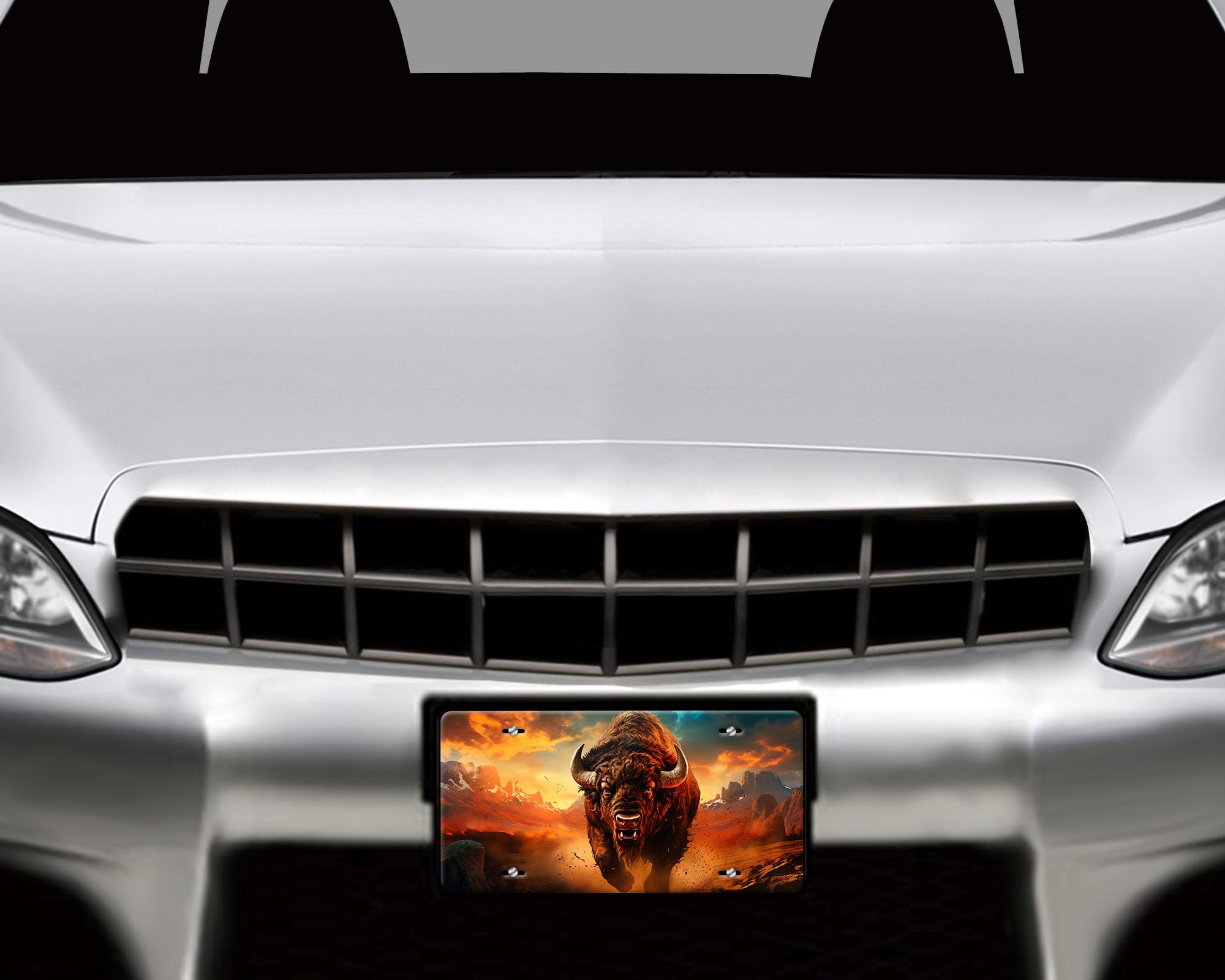 Vanity Decorative Front License Plate - Cute American-Made Aluminum Car Plate - Premium Quality Metal License Plate for Vehicles - Charging Buffalo Design - Perfect for Car Enthusiasts & Custom Vehicle Decor