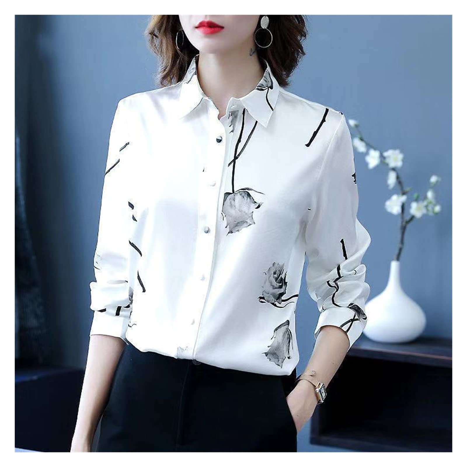 Elegant Black Rose White Satin Long Sleeve Blouse for Women - Turn Down Collar Spring Summer Shirt - Perfect for Office, Party & Formal Occasions (Color: A, Size: S)