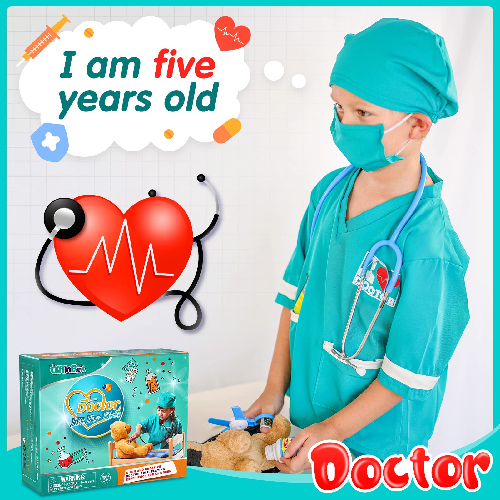 Kids Doctor Costume Set with Scrubs & Accessories - Halloween Dress Up for Toddlers & Children - Perfect for Role Play, Pretend Play & Costume Parties