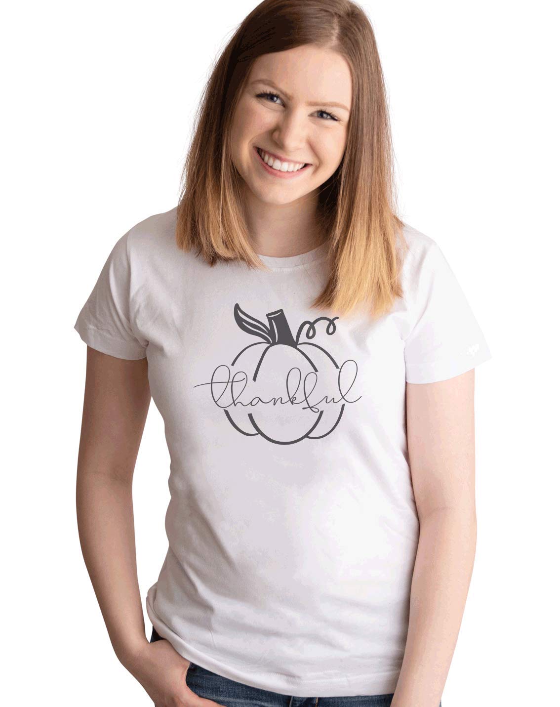 7 ate 9 Apparel Women's Thankful Pumpkin Silhouette T-Shirt | Fall Thanksgiving Graphic Tee | Cute Autumn Outfit for Women