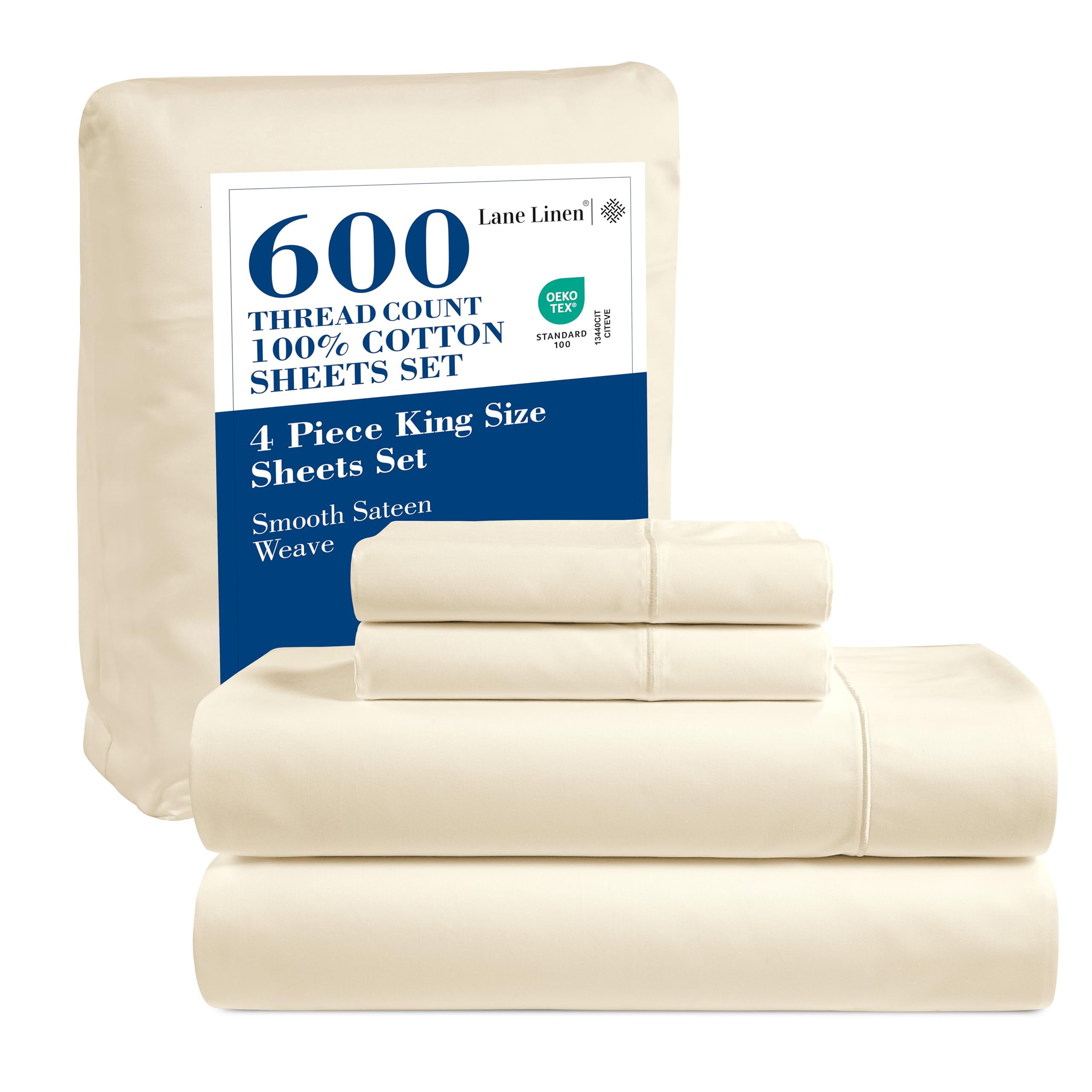 Luxury 600 TC 100% Cotton King Size Sheet Set - Ultra Soft Sateen Weave Deep Pocket Bed Sheets, Hotel Quality Mercerized Cotton (Ivory) for Ultimate Comfort - Perfect for Master Bedroom, Guest Room & Airbnb Luxury Accommodations