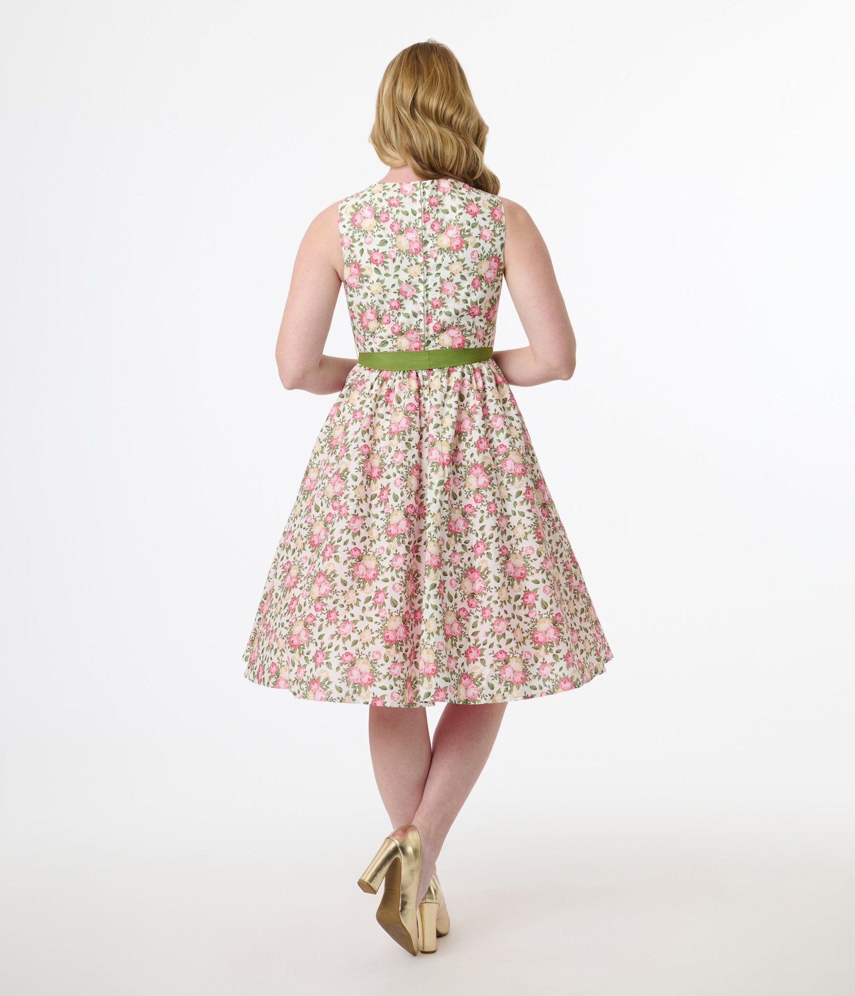 Vintage 1950s Pink & Green Floral Swing Dress - Sleeveless Cotton Summer Dress for Women | Retro Cocktail Party, Garden Wedding & Tea Dress