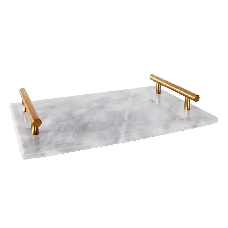 Natural Grey Marble Tray with Gold Metal Handle - 11.8 x 7.9 Inch Decorative Stone Serving Tray for Bathroom, Kitchen, Vanity, Dresser & Nightstand - Perfect for Organizing Jewelry, Cosmetics & Home Decor