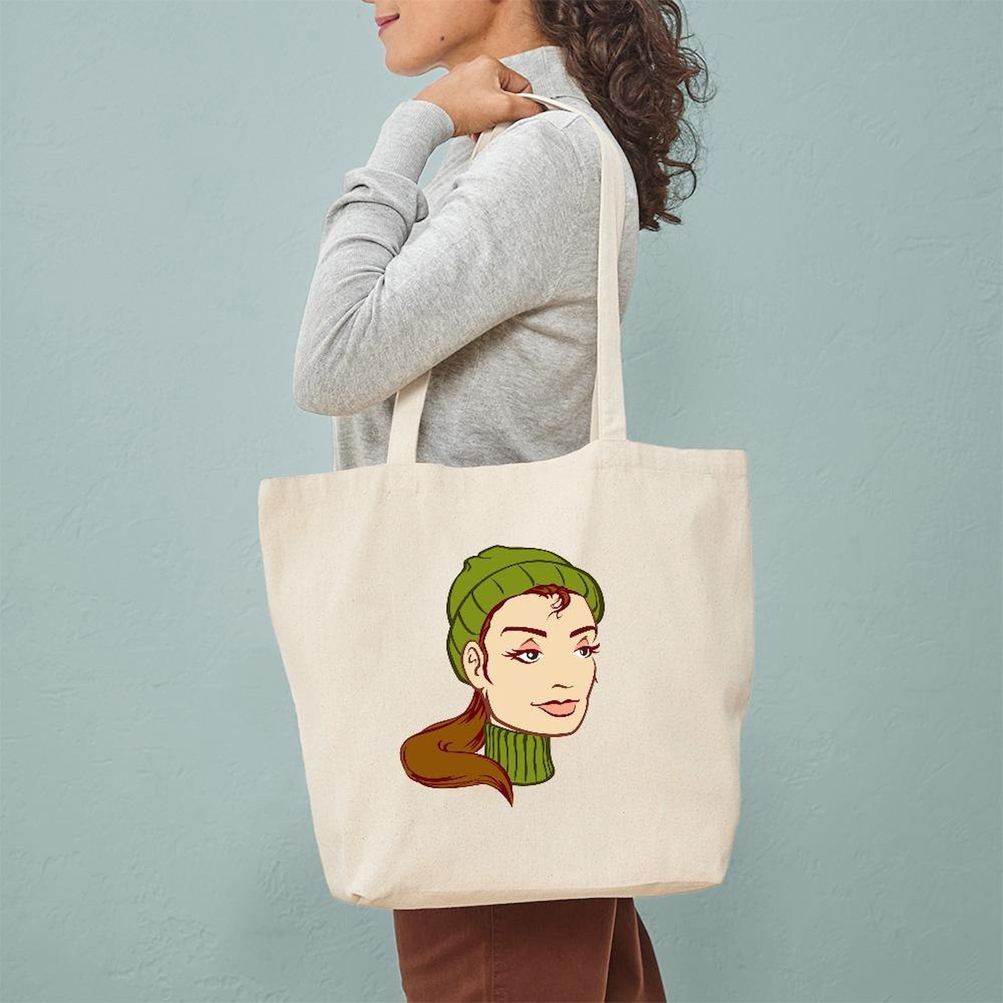 French Female Tote Bag - Natural Canvas Reusable Shopping Bag for Women | Eco-Friendly Grocery Bag, Beach Tote & Work Commute Accessory