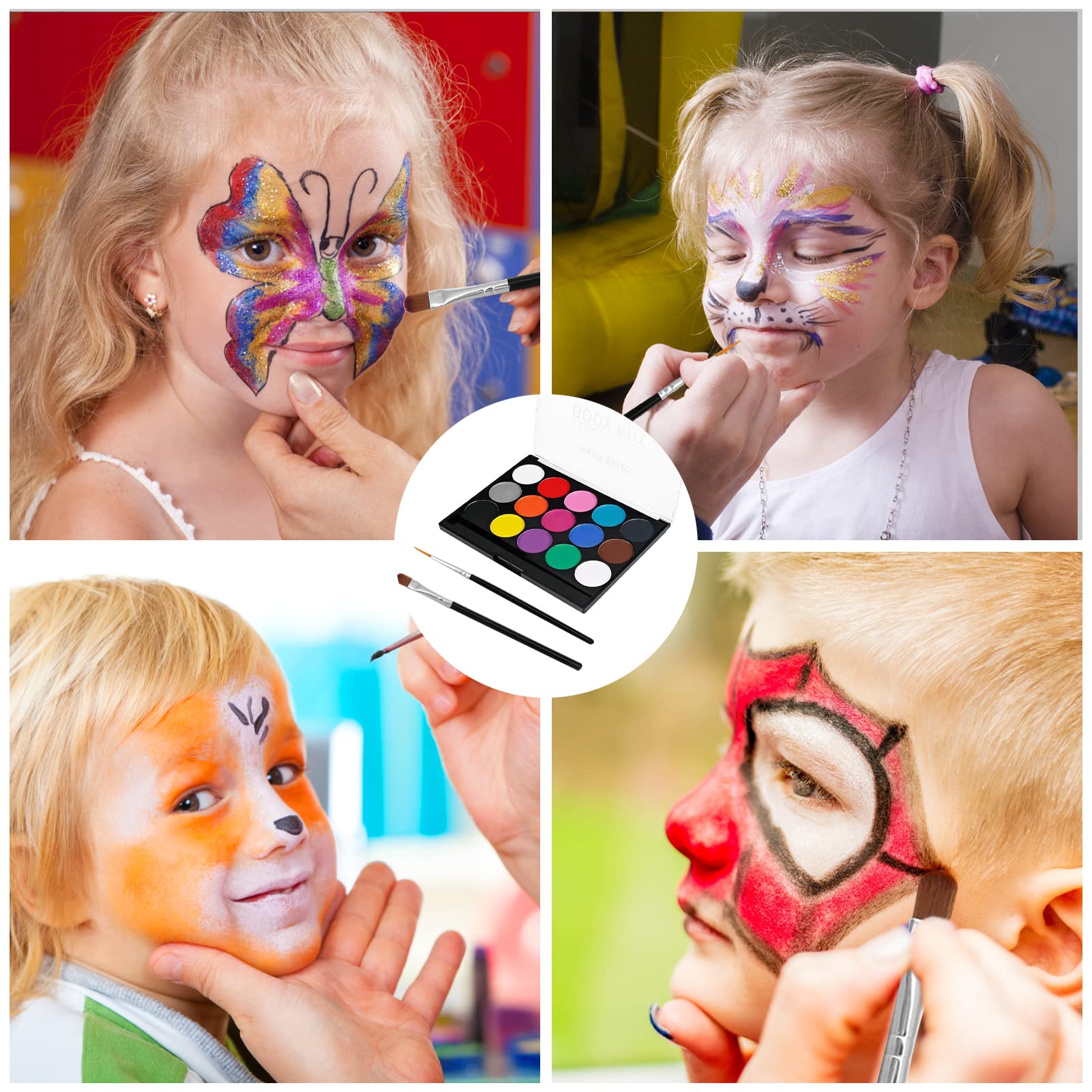 Kids Face & Body Paint Kit - 15 Colors with 4 Stencils & 2 Brushes for Halloween & Carnival Makeup