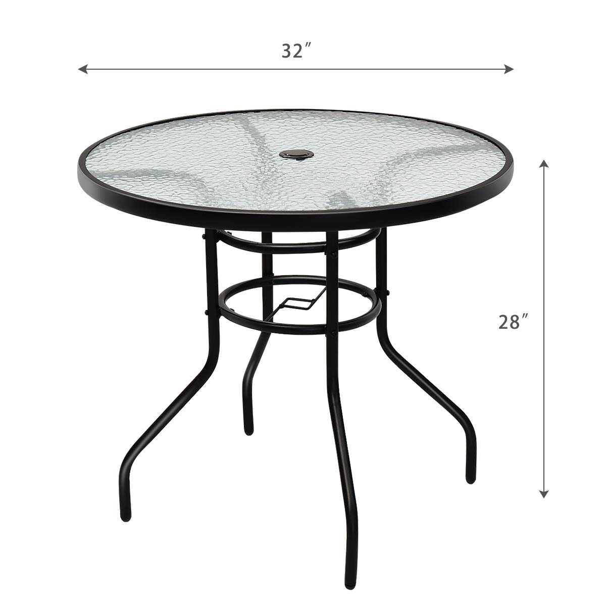 Tangkula 32 Inch Round Outdoor Patio Table with Steel Frame & Tempered Glass Top - Commercial Grade Party Event Furniture, Conversation Coffee Table for Backyard, Lawn, Balcony, Poolside (Includes Umbrella Hole) | Perfect for Outdoor Dining, Lounging & Entertaining