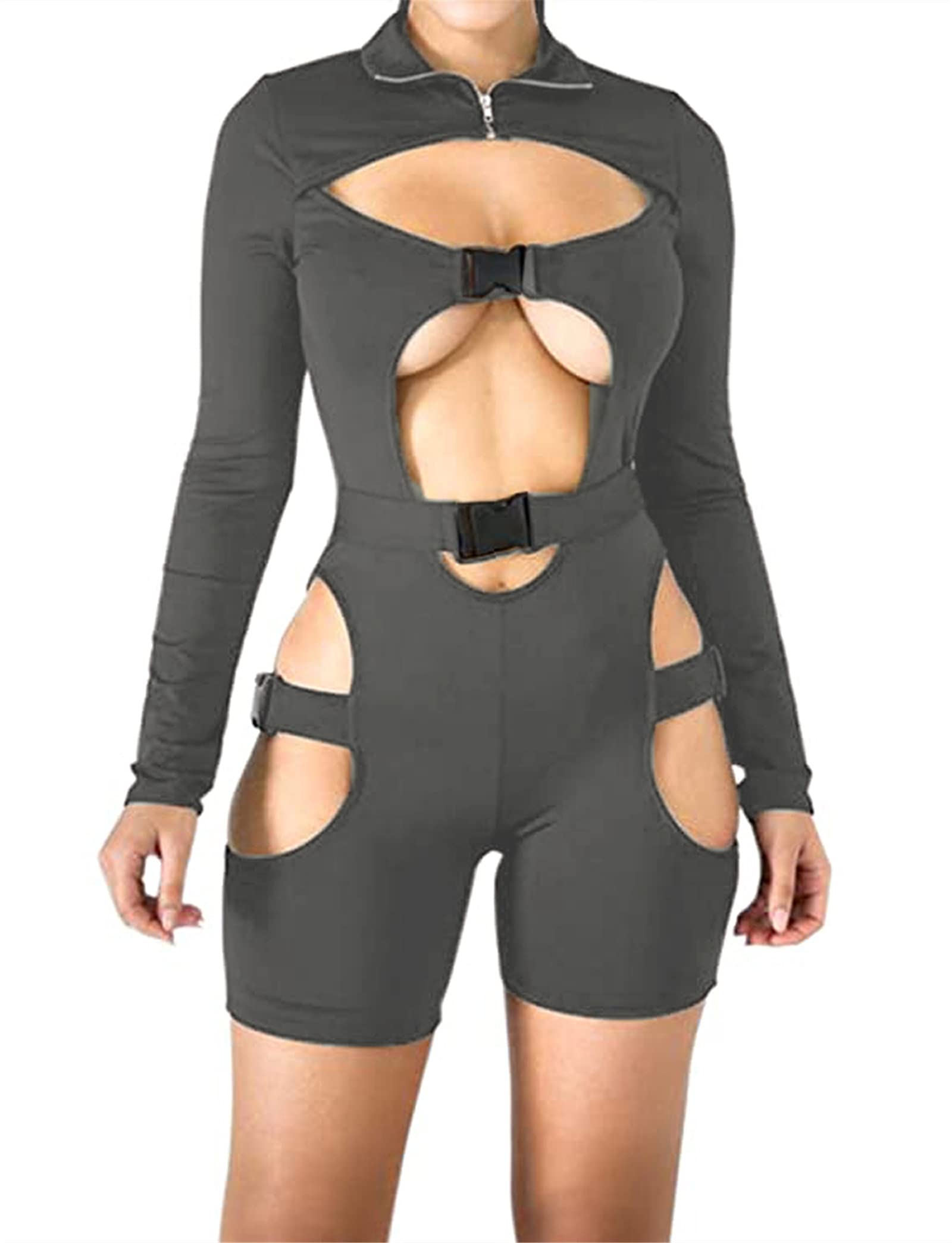Sexy Hollow Out Short Jumpsuit for Women - Long Sleeve Biker Romper with Buckle Cut Out Detail | Bodycon Clubwear & Y2K Fashion | Perfect for Night Out, Party & Festival Wear