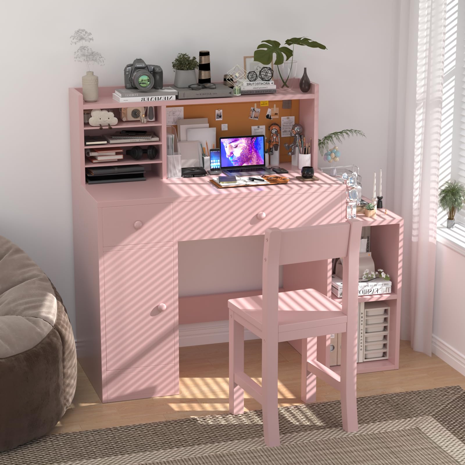 Pink Kids Study Desk and Chair Set for Ages 5-12 - Adjustable Children's Computer Desk with Bulletin Board, Storage Drawers & Cabinets - Perfect for Homework, Online Learning & Arts & Crafts
