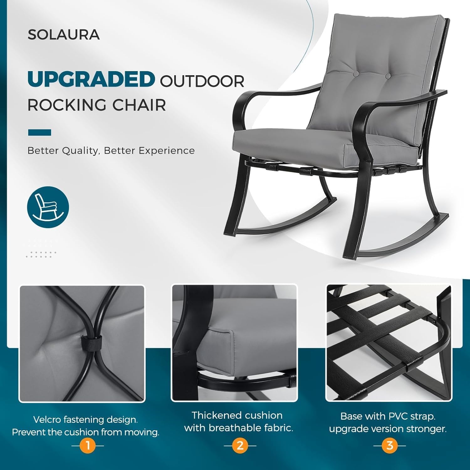 SUNCROWN Outdoor 3-Piece Rocking Chair Set - Black Steel Patio Furniture with Thickened Cushions & Glass-Top Coffee Table, Grey - Perfect for Garden, Porch, Backyard & Poolside Relaxation
