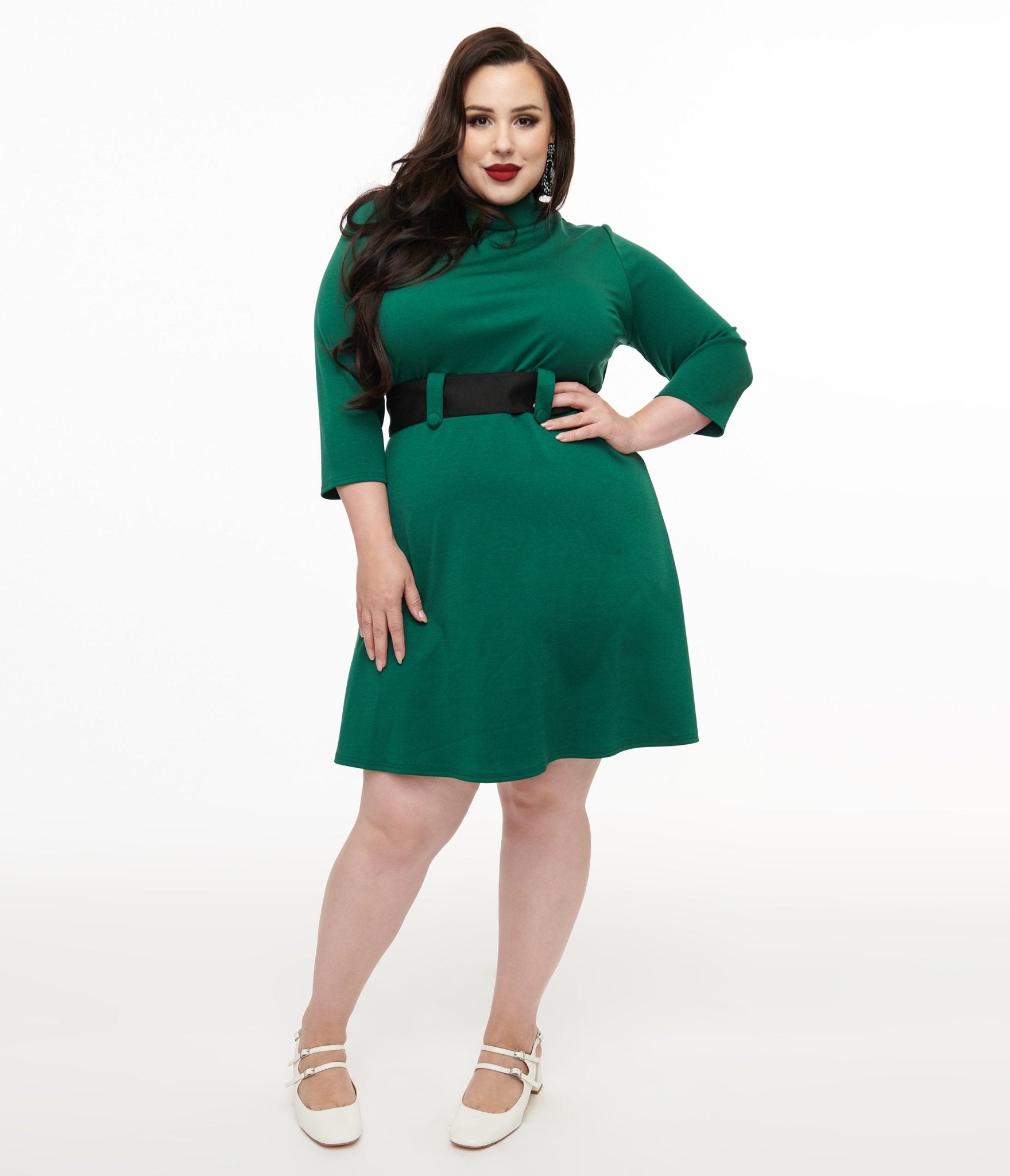 Smak Parlour Plus Size 1960s Emerald & Black Belted A-Line Dress - Vintage Retro Party Dress for Women, Formal Occasions & Special Events