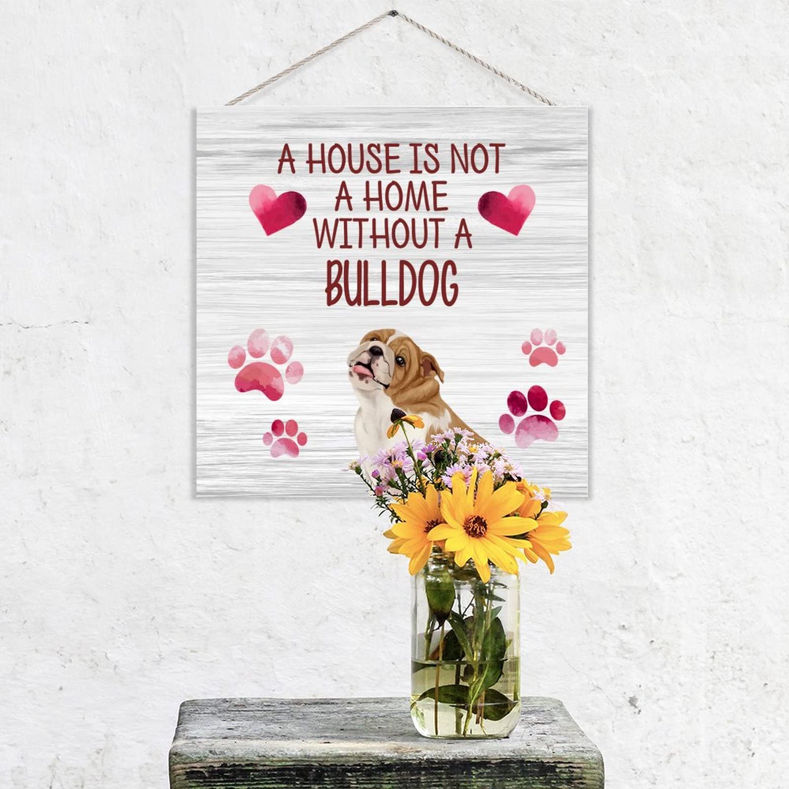 ENEDNATE Bulldog Wood Sign - Rustic Hanging Plaque 12x12 - Perfect for Pet Lovers Home Decor