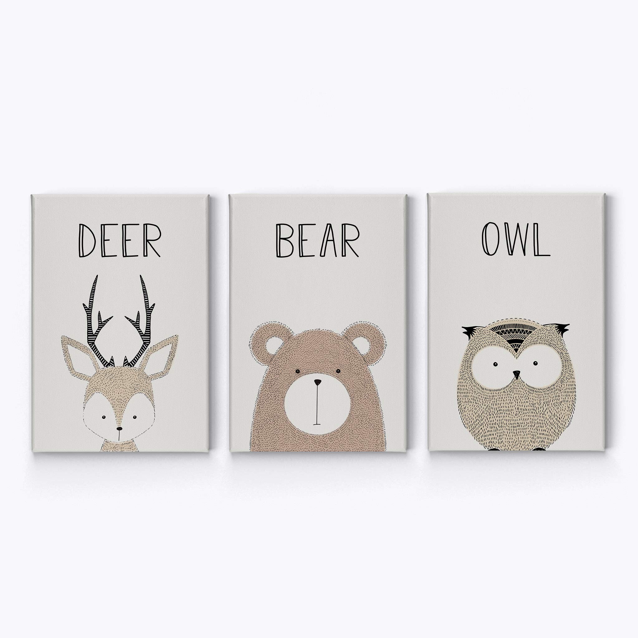 3-Piece Canvas Print Set - Pretty Deer, Bear & Owl Painting with Lettering on Cream Background | Kids Room Decor, Nursery Wall Art for Baby Boys & Girls | Made in USA | Rolled Up (40x30 inches) | Perfect for Nursery, Playroom & Children's Bedroom Decor