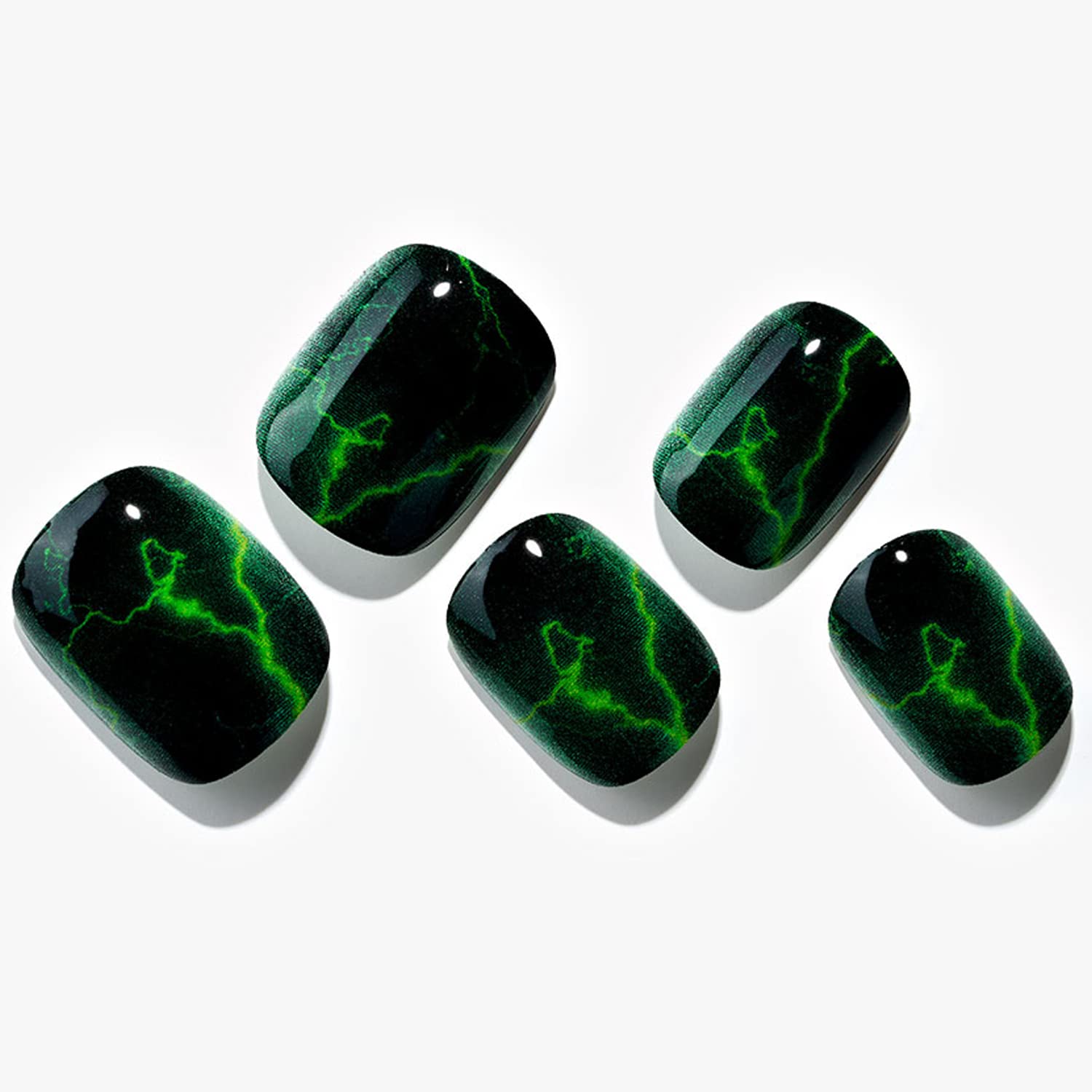 GLAMERMAID Extra Short Squoval Press on Nails - 24Pcs Black with Green Lightning Gel Glue Fake Nails, Glossy Round Reusable UV Finish Acrylic False Nails Manicure Kit for Women | Perfect for Parties, Weddings & Everyday Wear