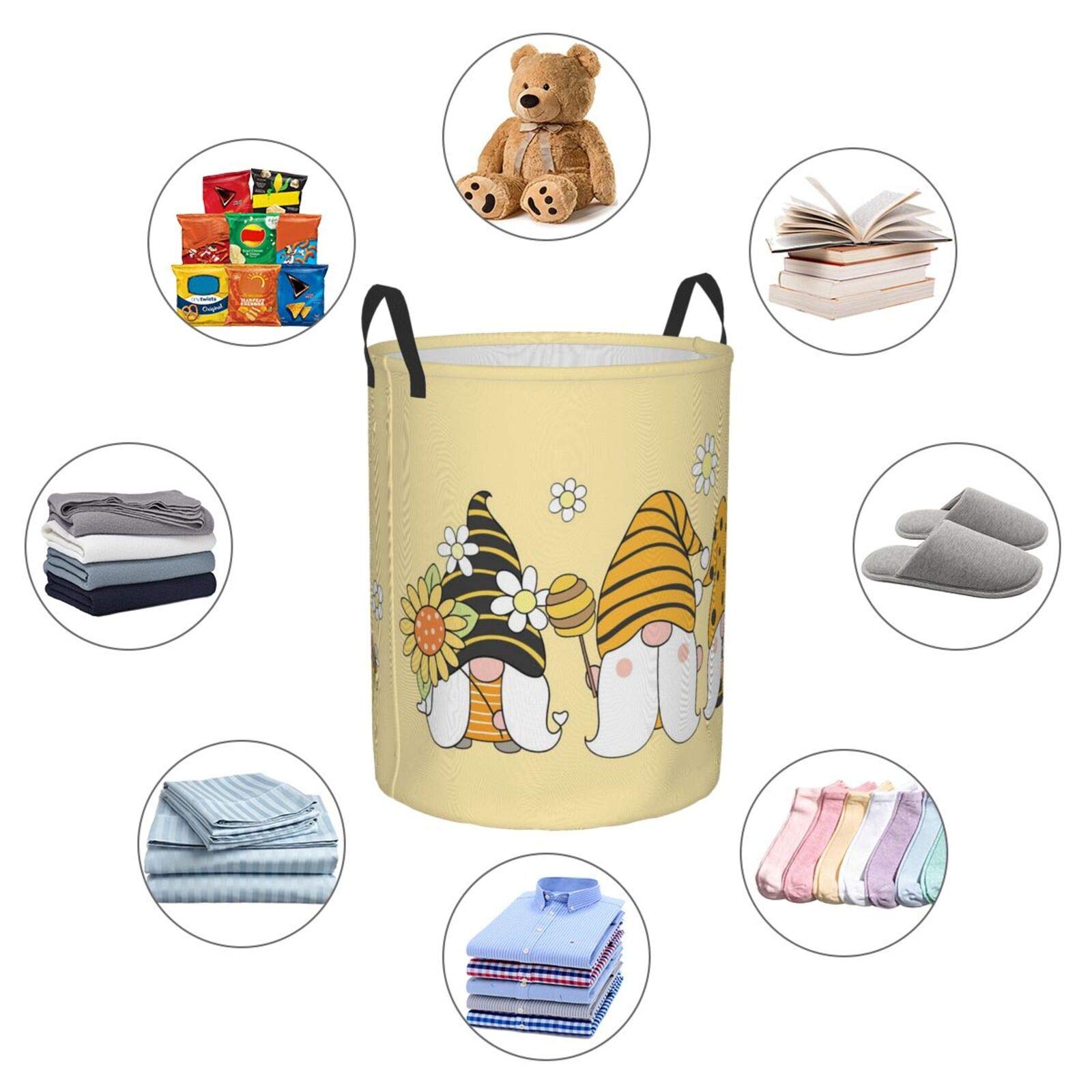 Waterproof Collapsible Laundry Basket with Handle - Cute Sunflower Bee Gnome Design Fabric Hamper for Clothes, Toys & Bathroom Storage | Foldable Organizer Bin for Home, Dorm & Travel