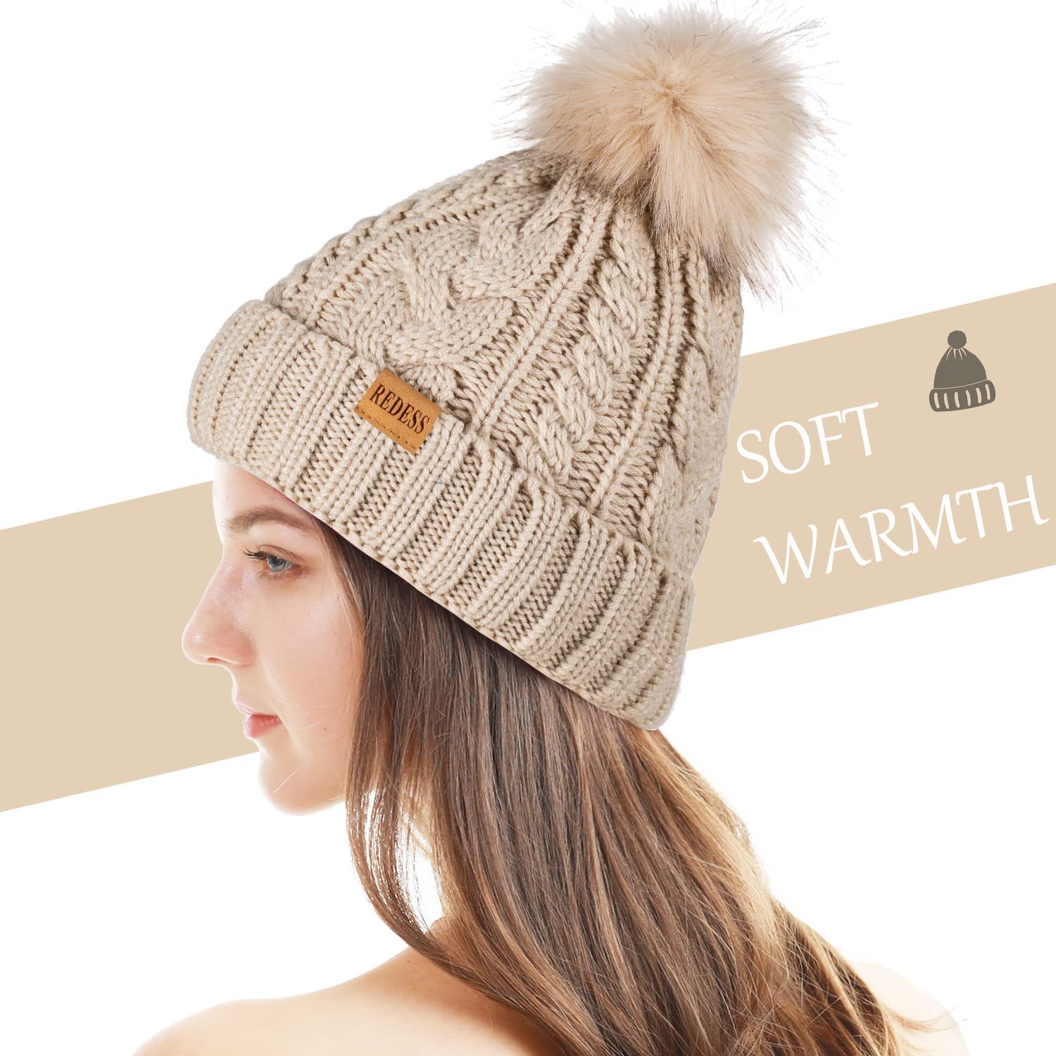 REDESS Women's Winter Pom Pom Beanie Hat - Fleece Lined Warm Knit Skull Cap for Cold Weather | Cozy Slouchy Snow Hat for Skiing, Snowboarding & Outdoor Activities