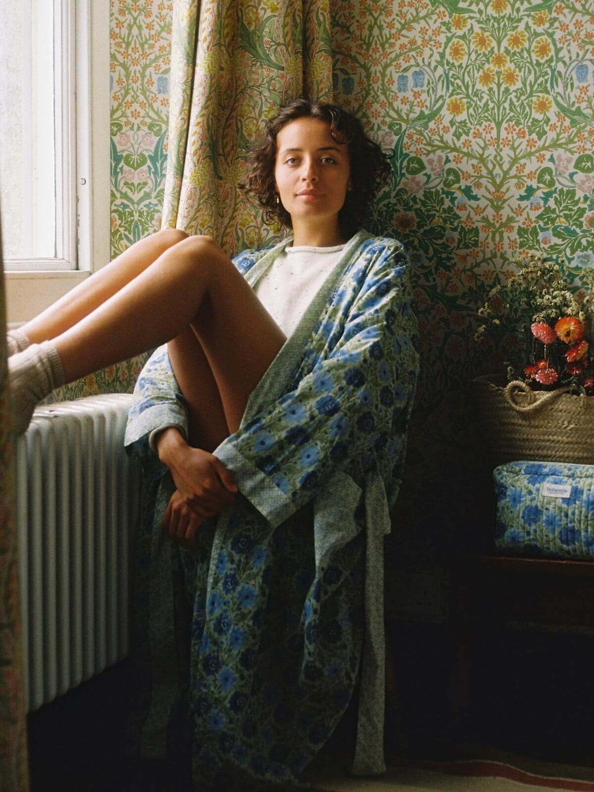 Handmade Block Print Cotton Robe for Women - Soft Sage Green Loungewear for Spa, Yoga & Relaxation at Home