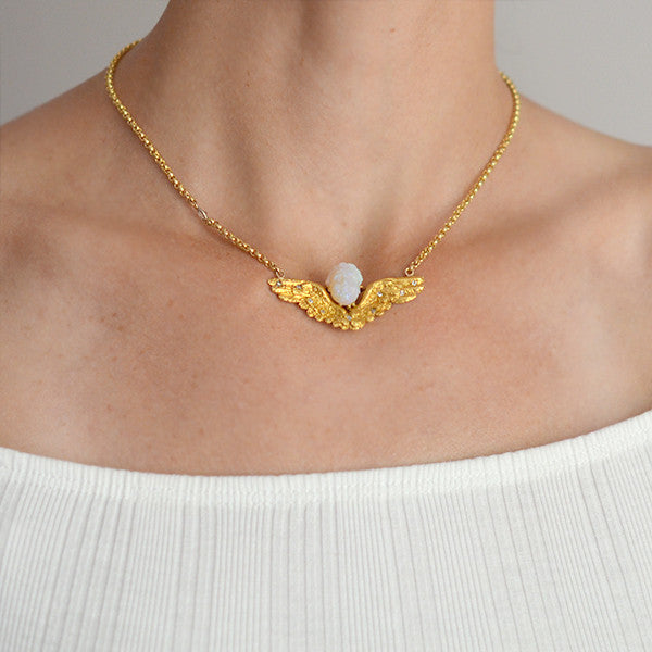 18K Gold Victorian Style Carved Opal & Diamond Winged Cherub Pendant Necklace - Elegant Antique Jewelry for Women, Perfect for Weddings, Anniversaries & Special Occasions