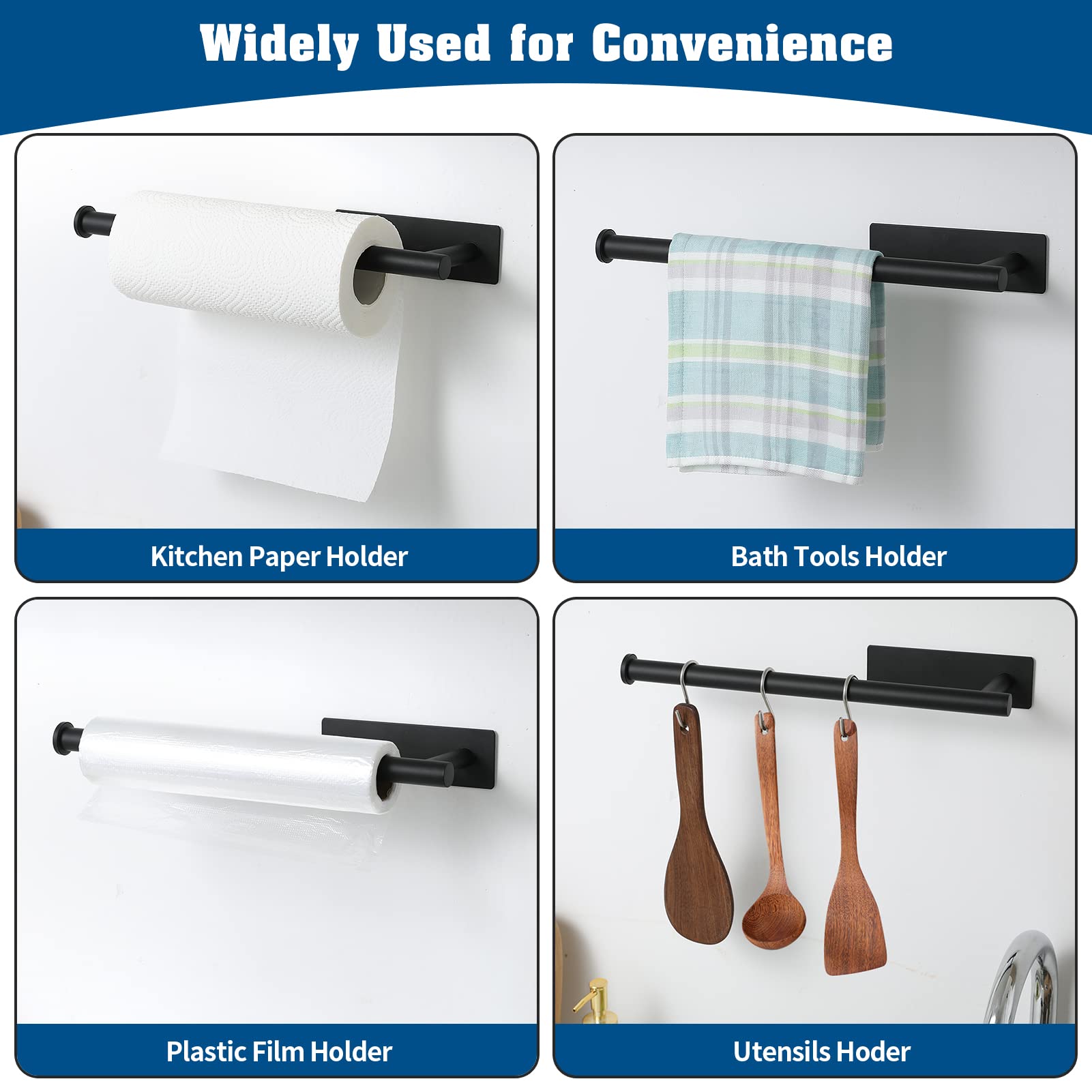 2-Pack Under Cabinet Paper Towel Holder - Matte Black Wall Mount Kitchen & Bathroom Towel Rack, Adhesive SUS304 Stainless Steel Roll Dispenser for Easy Access - Perfect for Small Spaces, RVs, and Office Break Rooms