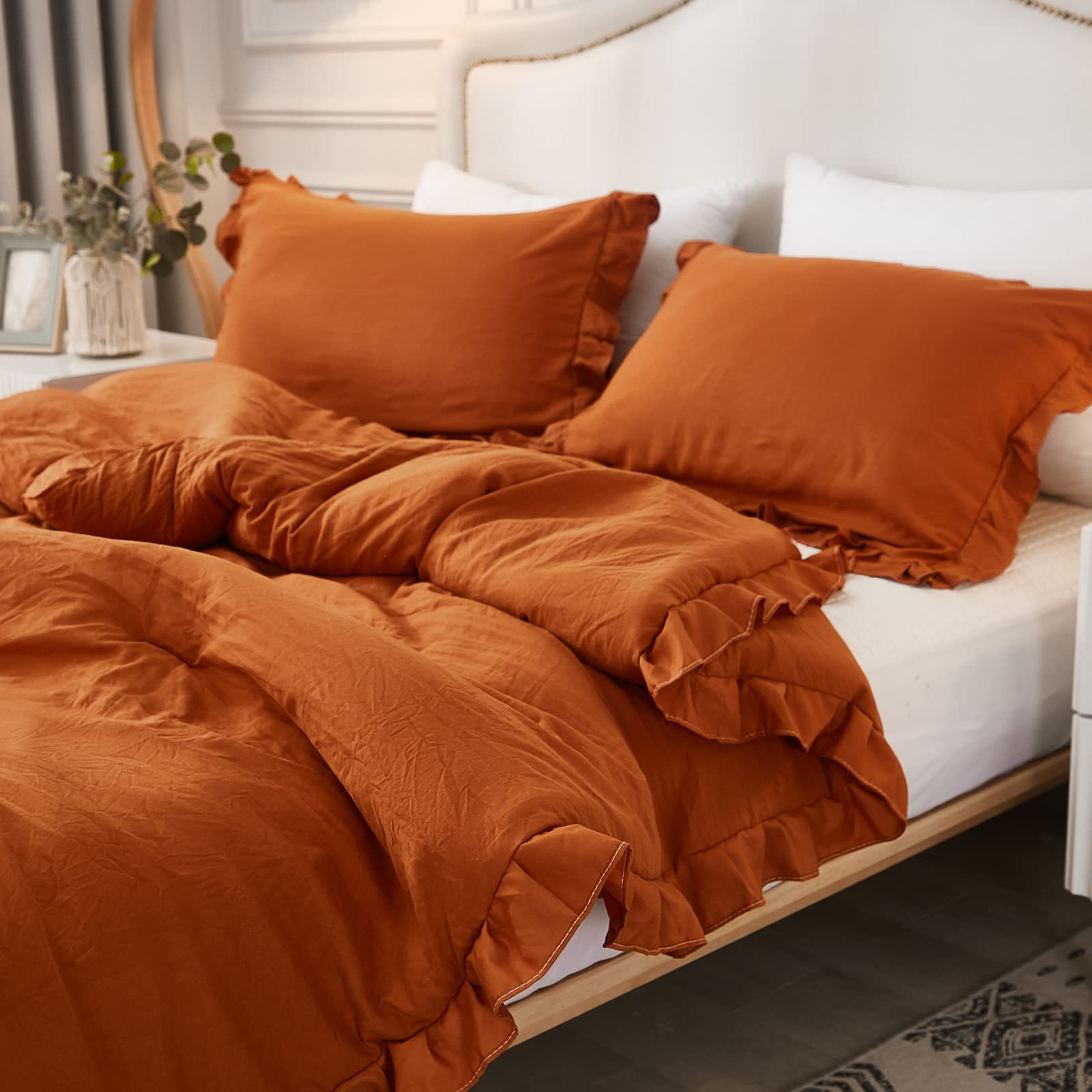 Burnt Orange King Size Pillowcases Set of 2 - 20x36 Inch Caramel Pumpkin Ruffled Shabby Chic Pillow Shams for Bedroom Decor | Perfect for Fall, Thanksgiving & Cozy Home Styling