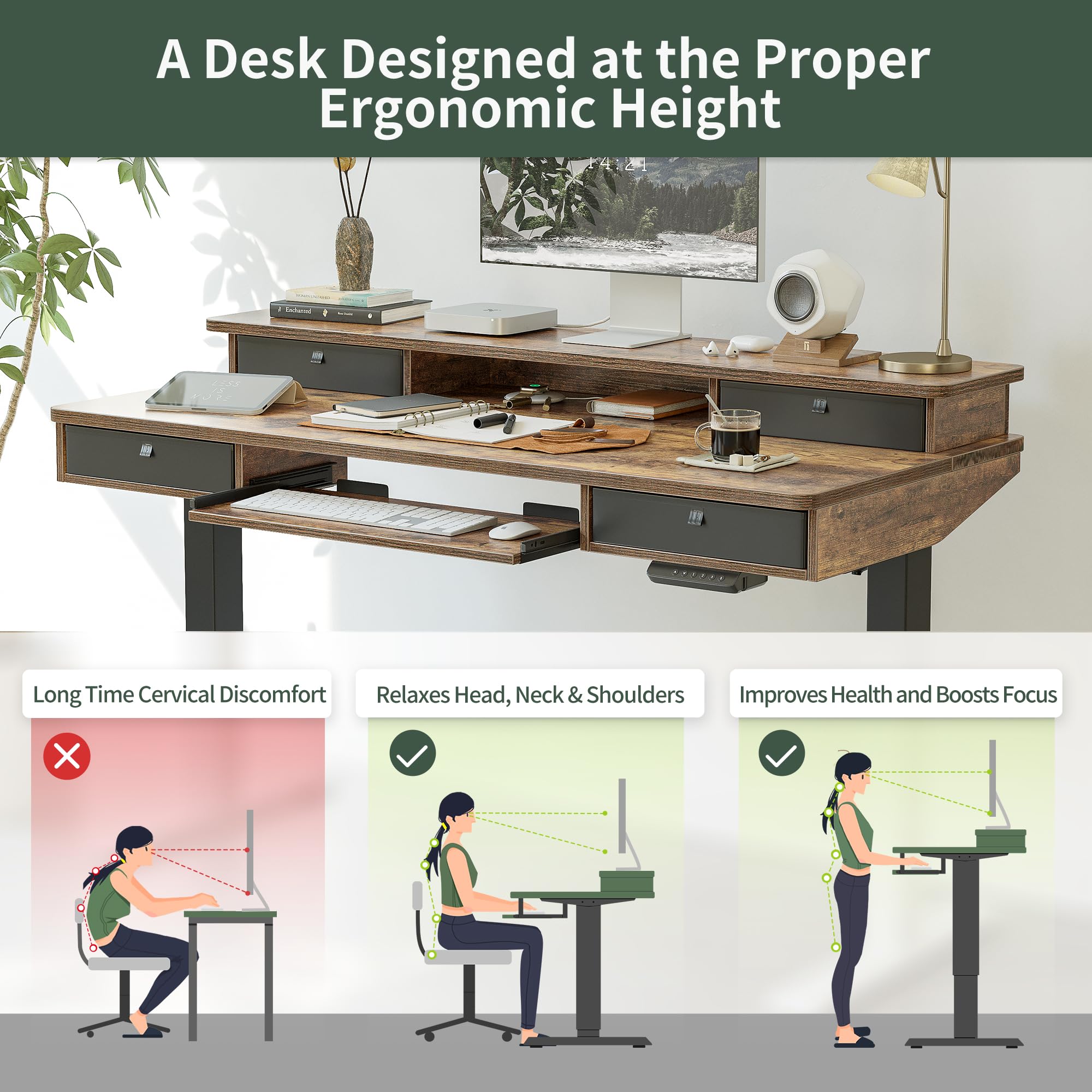 FEZIBO 55 x 24 Inch Electric Height Adjustable Standing Desk with 4 Drawers, Keyboard Tray & Storage Shelf - Rustic Brown Sit Stand Workstation for Home Office, Gaming & Study