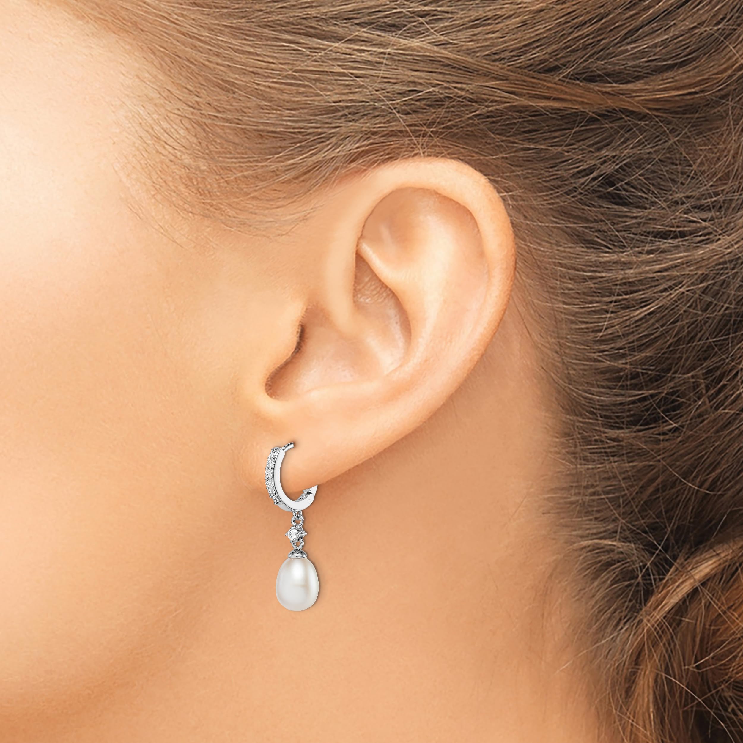 7-8mm Sterling Silver Rhod-plat Rice Pearl & CZ Hoop Dangle Earrings for Women | Elegant Fashion Jewelry for Parties, Weddings & Daily Wear